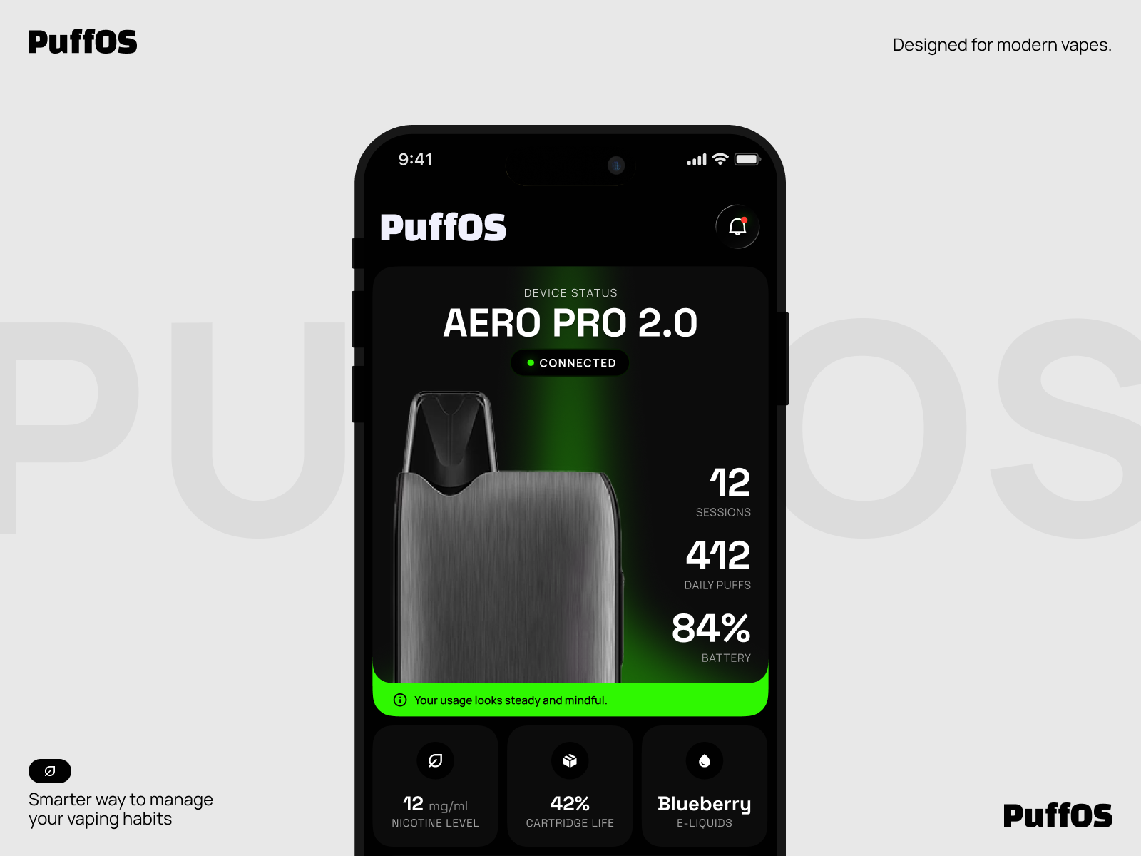 Puffos – Smart Vape Tracking App cleandesign dark mode darkui design devicecontrol icon mobile app modern design smartdevice smoking tracking ui ux vape vape app vapetech
