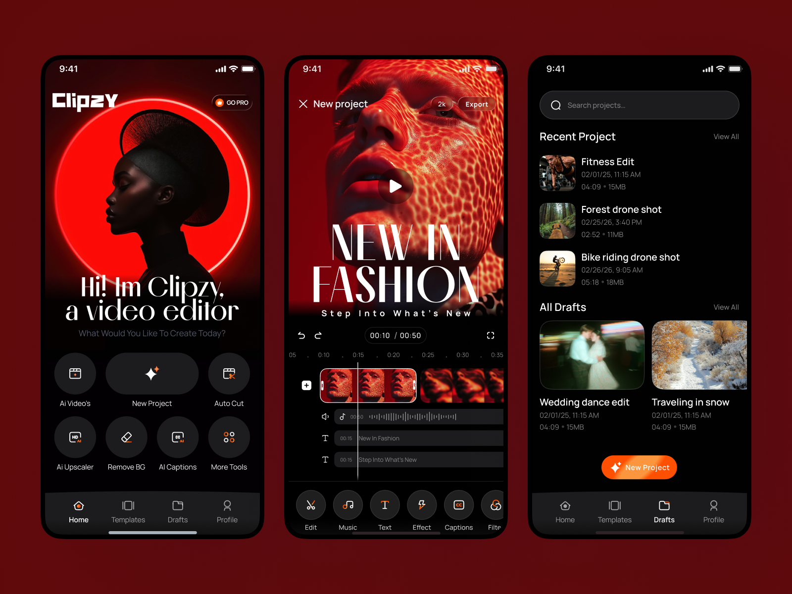 Clippzy – AI Video Editor App aivideo app contentcreation creativeapp editingtools editor shortvideo ui ui ux video videoedior videoediting videotimeline videotools