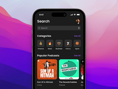 Podcast App Search app application categories concept dailyui dark dark mode design interface minimal mobile modern podcast podcast app search search bar ui ui design uidesign ux