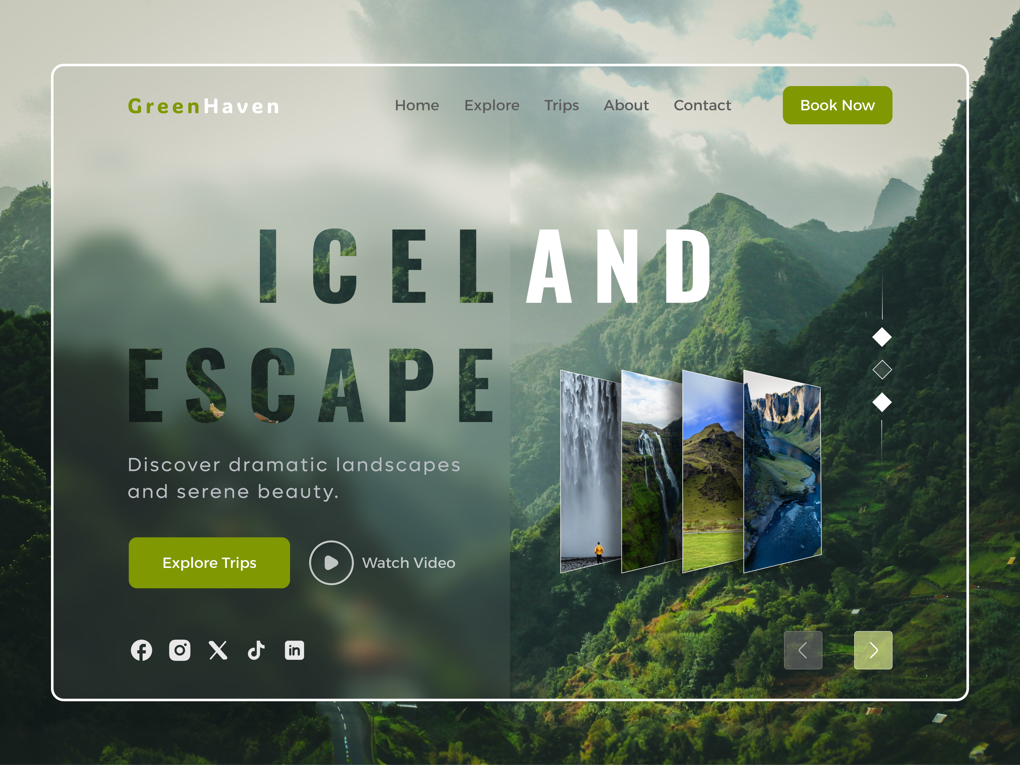 GreenHaven – Travel Landing Page adventure travel booking website cinematic design clean ui glassmorphism hero section landing page design minimal design modern ui nature website tourism website travel app travel landing page travel ui travel website ui design ux design vacation website web design website ui