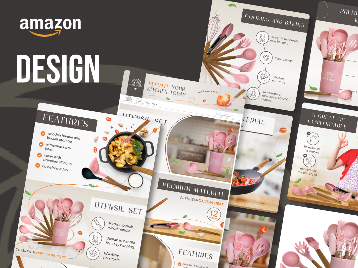 Food Industry Amazon Design a plus content amazon fba amazon storefront brand identity clean aesthetic culinary ecommerce design enhanced brand content graphic design home cooks kitchen tools kitchenware listing optimization logo design minimalist design product presentation typography ui design visual identity warm palette