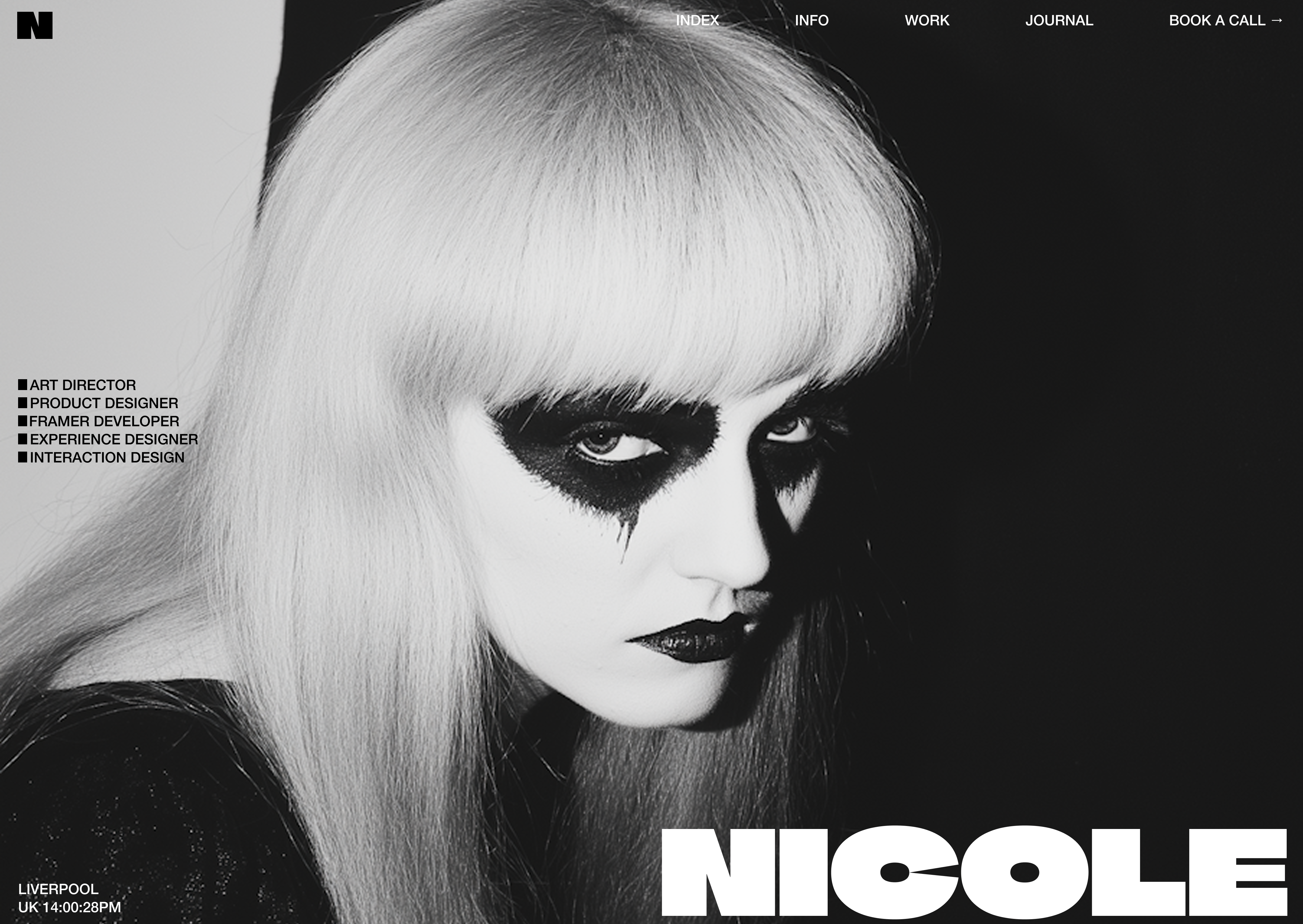 Nicole | Minimal Editorial Portfolio Hero art direction black and white design bold typography cinematic ui clean design designer portfolio editorial design editorial layout fashion inspired design hero section high contrast minimal ui minimalism modern web design monochrome design personal portfolio portfolio website typography design visual hierarchy website hero