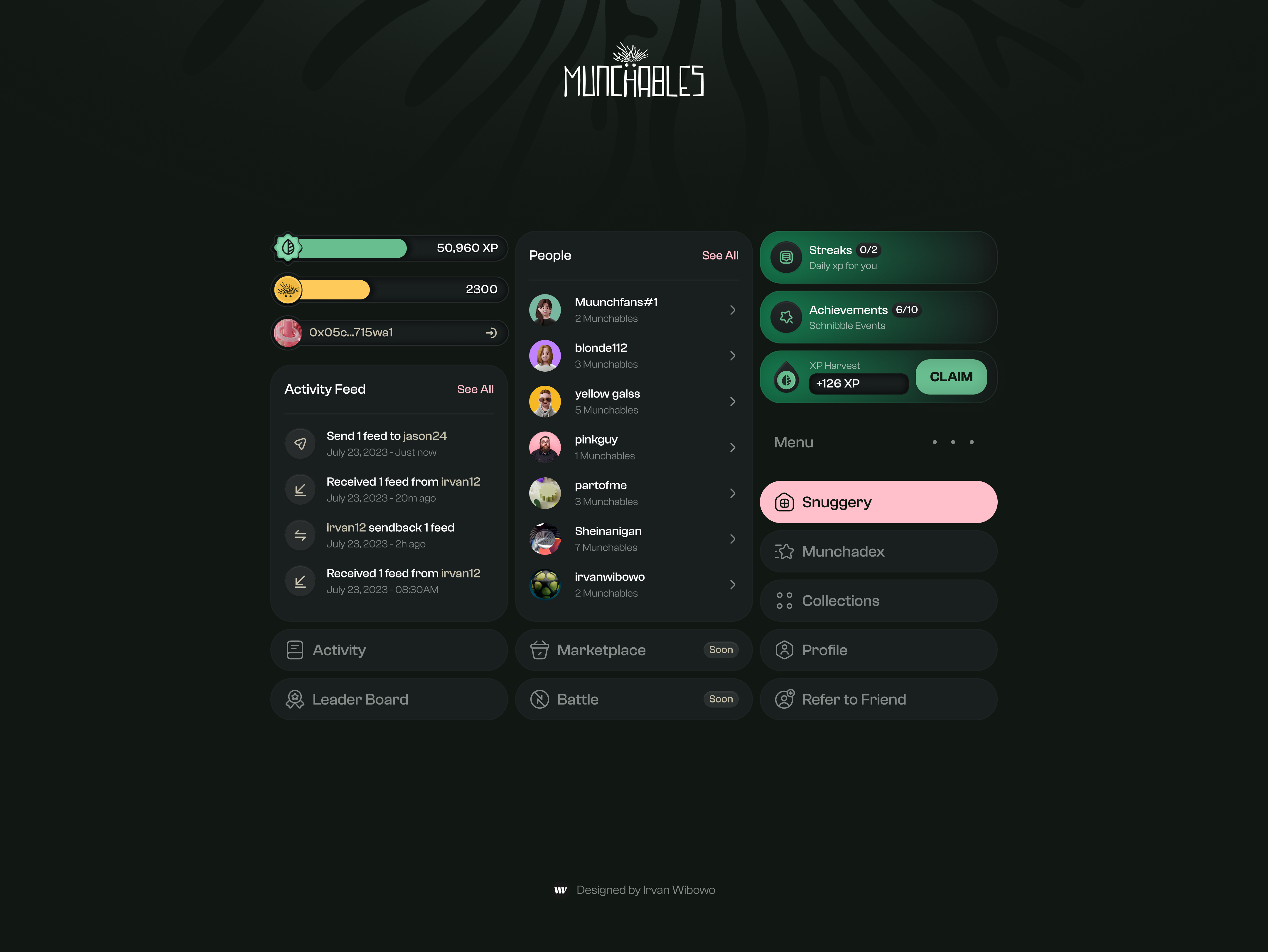 Munchables 3 Bento Boxes bento bentobox components crypto dark mode green modern munchables nft sleek ui ui design uiux web3 website