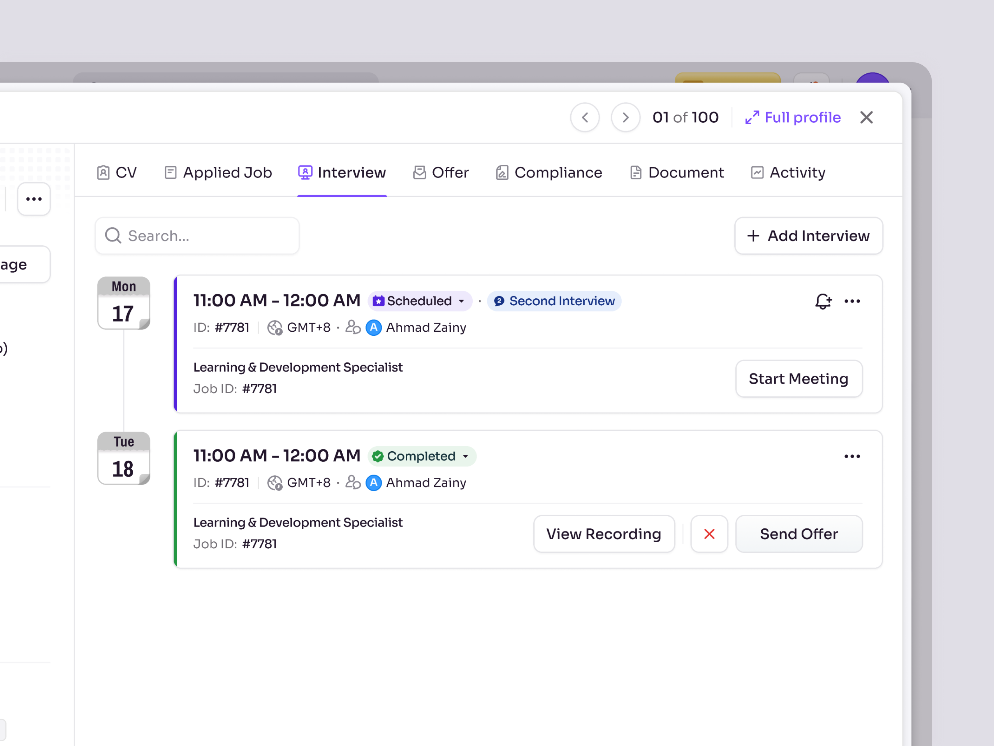 RecruitSmart — Offers & Interviews Drawer for School HR System candidate drawer education employee management hr hr management hr platform hr system hrd hrm human resources job product design recruitment management saas school management ui ux web app