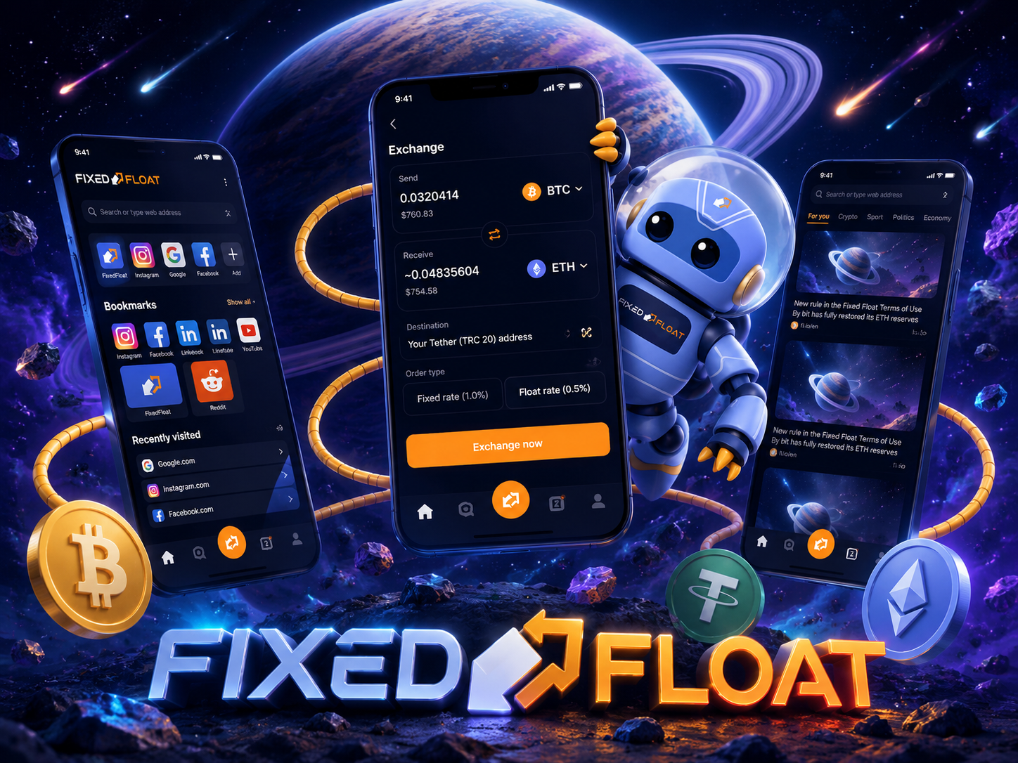 Mini App: FixedFloat bitcoin browser crypto cryptocurrency exchange fintech fixedfloat illustration juicyart mobile app nft trading uiux web3