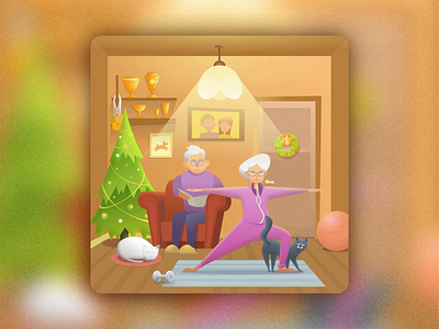 Older people's Christmas 3d animation cartoon cat christmas christmas tree dumbbells fitness graphic design holiday illustration interior living room man new year retired sports vector woman yoga