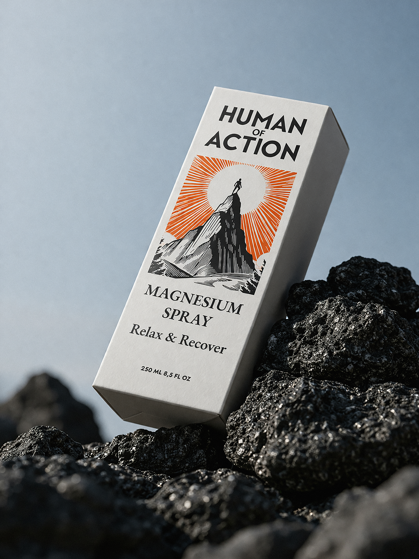 Packaging design for a magnesium spray / Human of Action 3d adobe photoshop amazon bottle box branding clean fmcg graphic design illustration magnesium packaging pharmacy retro sport spray sun vitality wellness white
