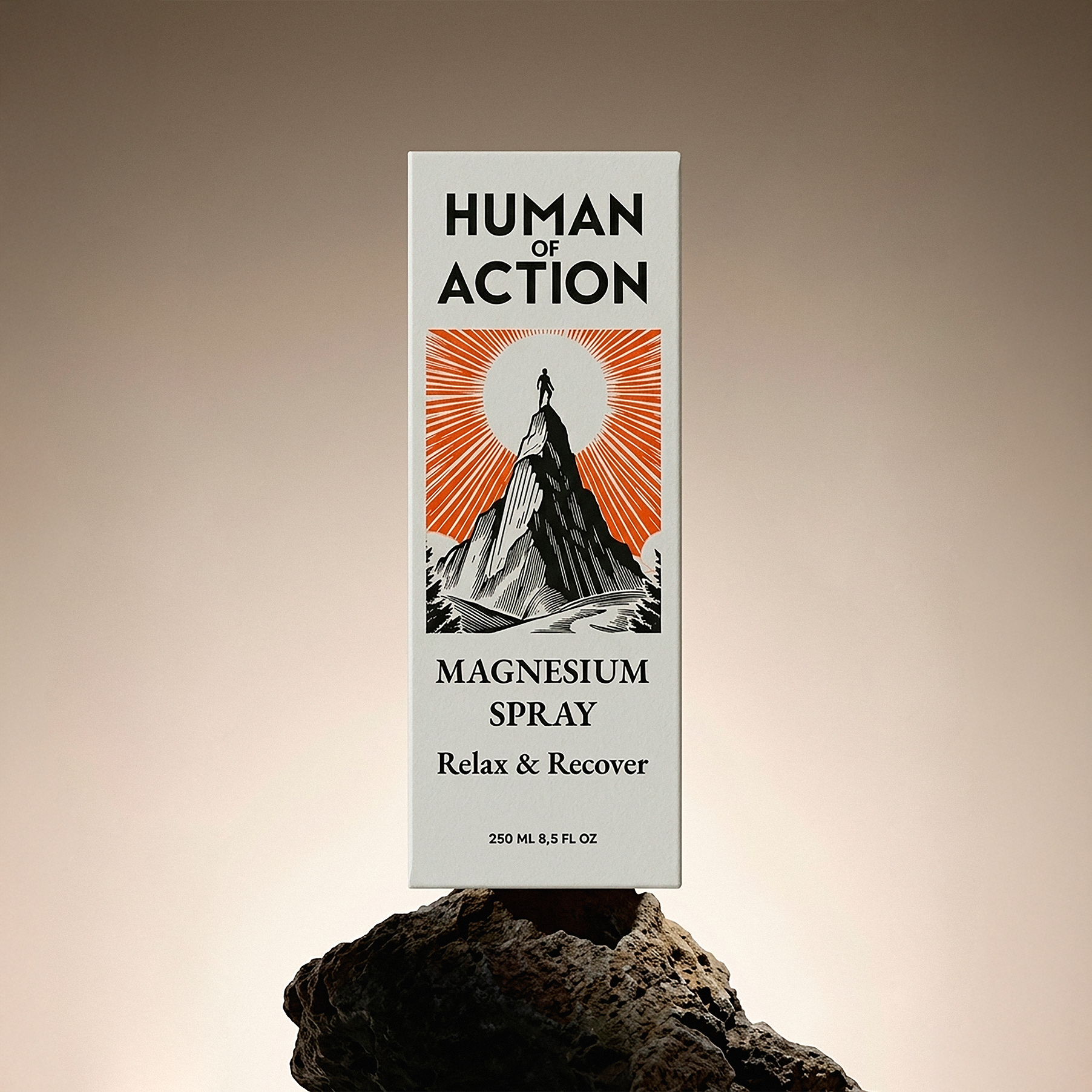 Packaging design for a magnesium spray / Human of Action 3d adobe photoshop bottle box branding design graphic design illustration illustrator label logo magnesium packaging pharmacy pure retro sun vitality wellness white