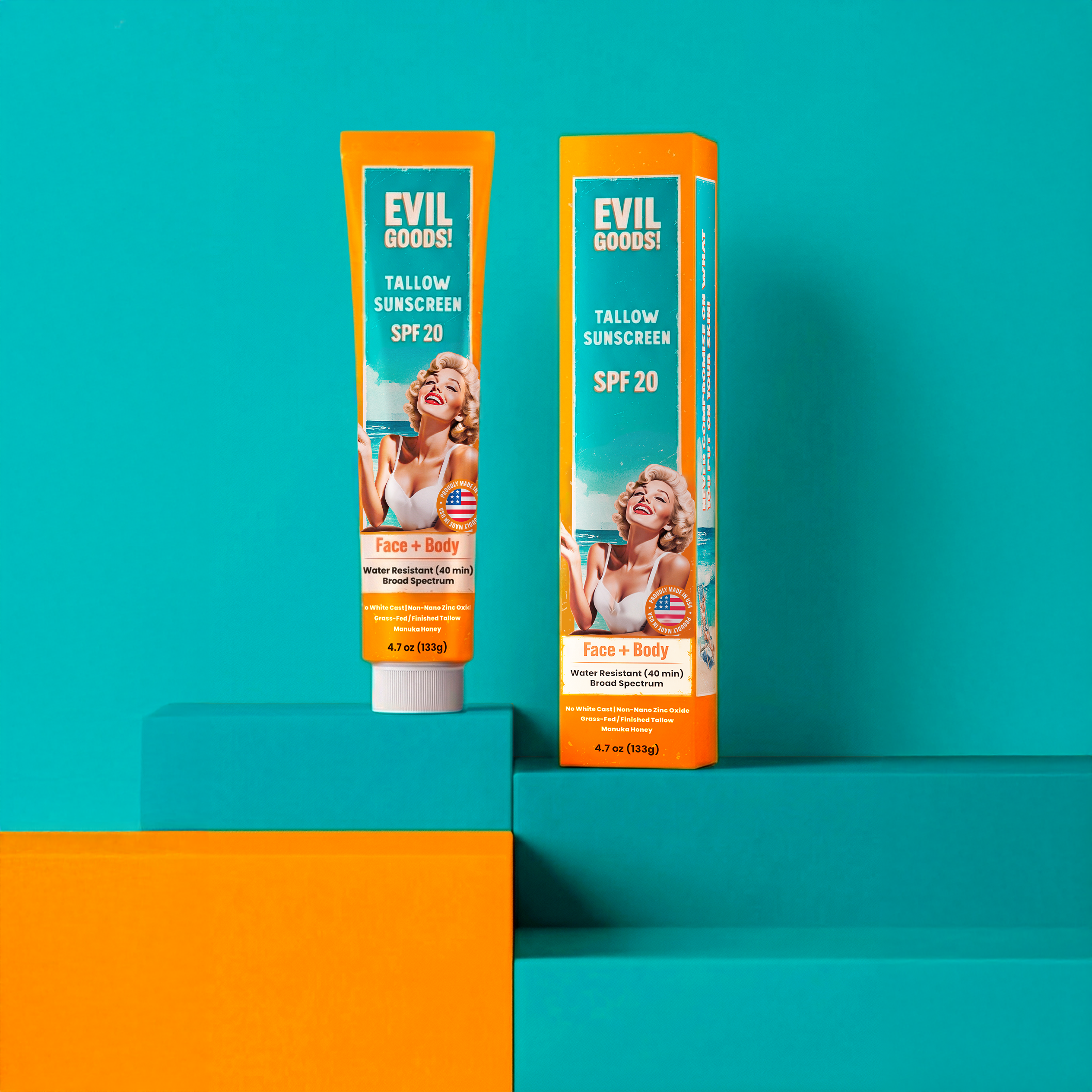 Packaging design for a sunscreen / Evil Goods 3d adobe photoshop beauty bold bottle box branding bright cosmetics design graphic design illustration illustrator label logo orange packaging tube wellness