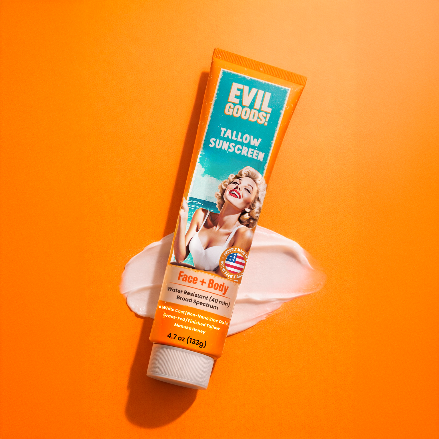 Packaging design for a sunscreen / Evil Goods 3d adobe photoshop beauty bold bottle box branding bright cream graphic design illustration logo orange package packaging skincare sunscreen tube wellness