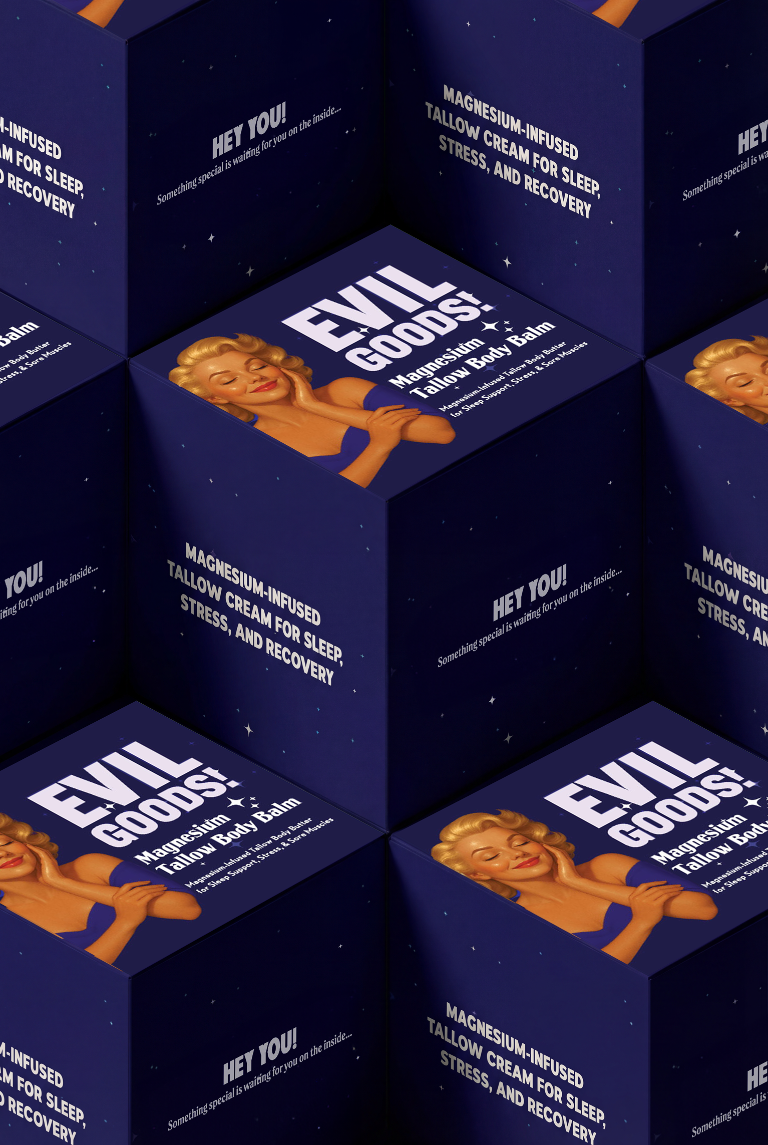Packaging design for a magnesium body balm / Evil Goods 3d adobe photoshop balm beauty bottle box branding cream design graphic design illustration illustrator jar label logo packaging skincare violet wellness