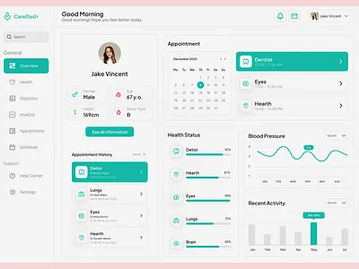 Patient Health Management Dashboard 🏥🩺 appointment schedule blood pressure monitor caredash clinical ui dashboard design data visualization health analytics health dashboard health tech healthcare ui medical app medical tech modern ui patient management patient portal saas dashboard ui vitals tracking web app wellness app