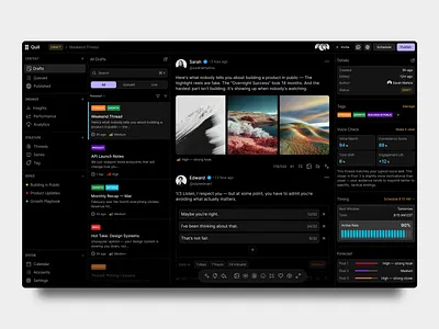 Quill ⎻ Social Content Studio ai powered analytics dashboard b2c saas clean ui compact ui content studio creator economy creator tools dark ui dashboard figma product design saas scheduling app social media tool thread composer ui design ux design web app writing tool