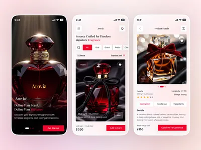 Luxury Perfume App UI Design – Arovia Fragrance eCommerce app ui beauty app clean ui ecommerce app fashion app fragrance app ios app design luxury app design luxury branding minimal ui mobile app design modern ui perfume app perfume ui premium design product design shopping app ui ui design ui ux design ux design