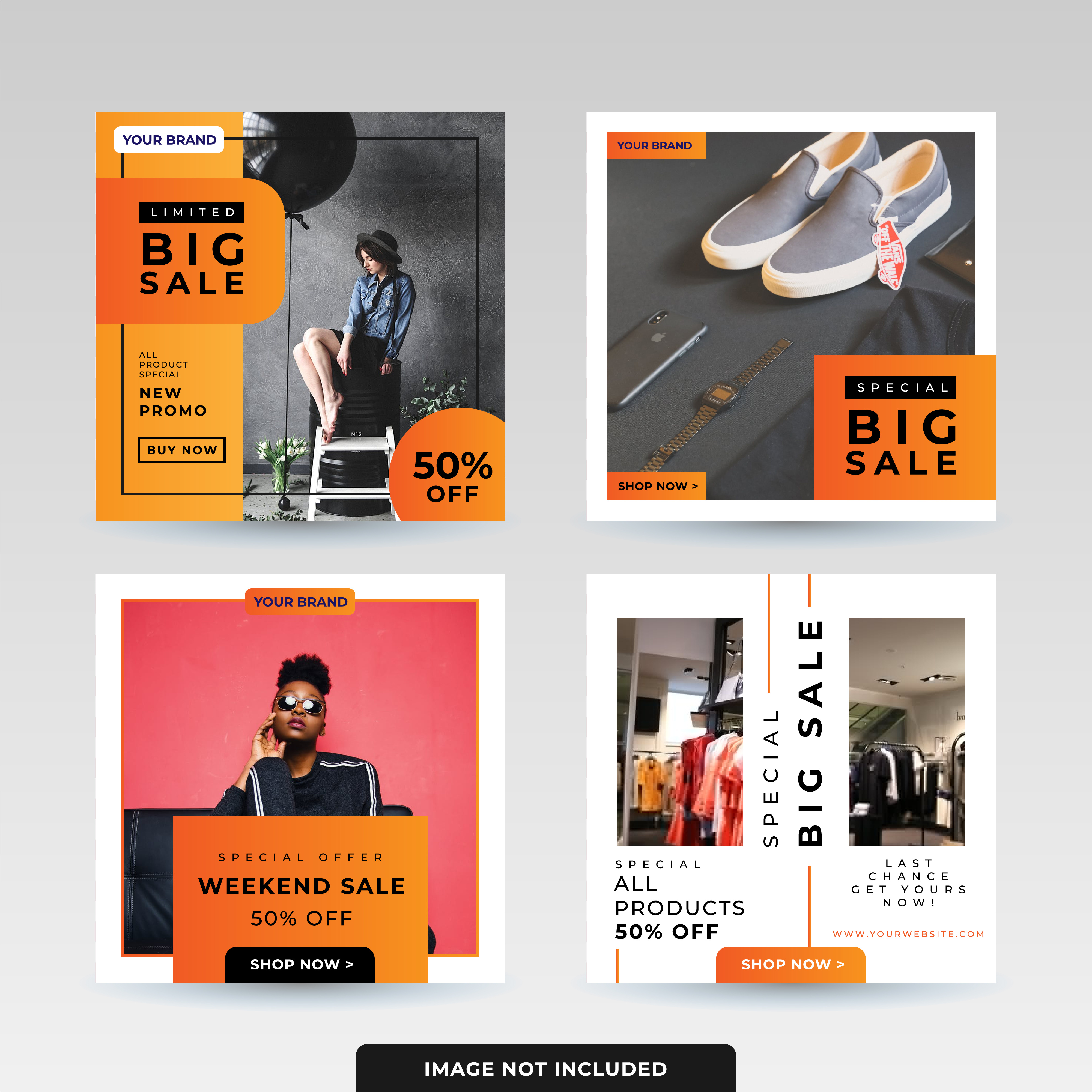 Promotional Social Media Templates Featuring Big Sale 50 off advertising apparel banner branding clothing collage fashion layout lifestyle marketing model promo retail shopping square stylish templates trendy white