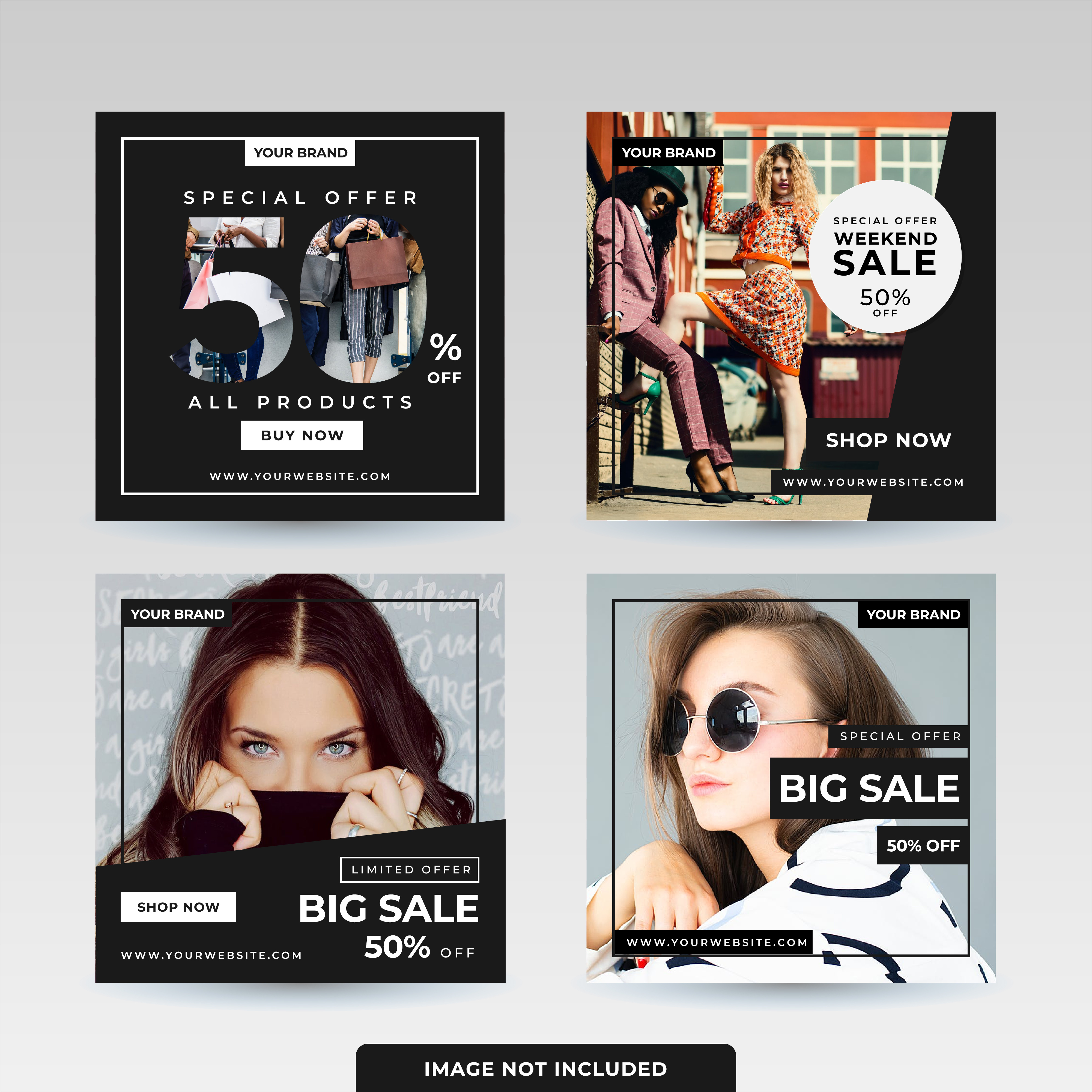 Fashion Sale Social Media Templates Set 50 off advertisement branding buy now fashion flyer graphic minimal model portrait sale shop shopping social media social post square store style trendy woman