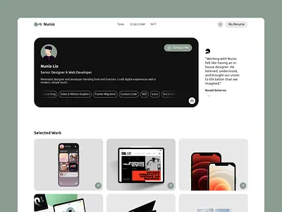 Nunio – Free Framer Portfolio Template animation clean cv dark mode figma flat framer free freebie graphic design minimal no code portfolio profile ui web website
