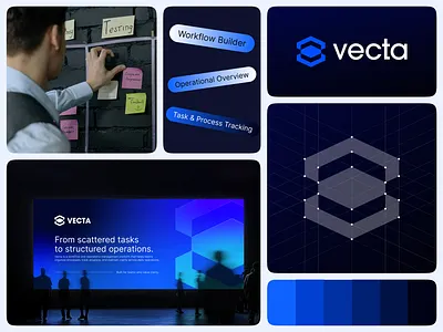 Vecta - Tech & SaaS Brand Identity b2b saas bento blue aesthetic brand guidelines brand identity branding dark mode geometric logo graphic design logo design presentation design saas design software branding tech logo tech startup typography ui design visual identity workflow