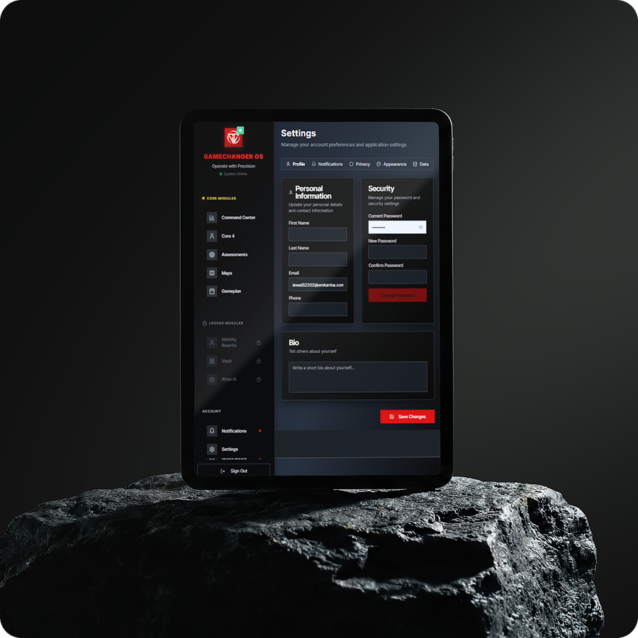 🏆 Gamechanger OS — Performance Command Center UI/UX addydesignbegins darkmodeui dashboarddesign designshowcase dribbble gamechangeros minimalui productdesign saasdesign sportstech uianimation uidesign userinterface uxmotion webappdesign