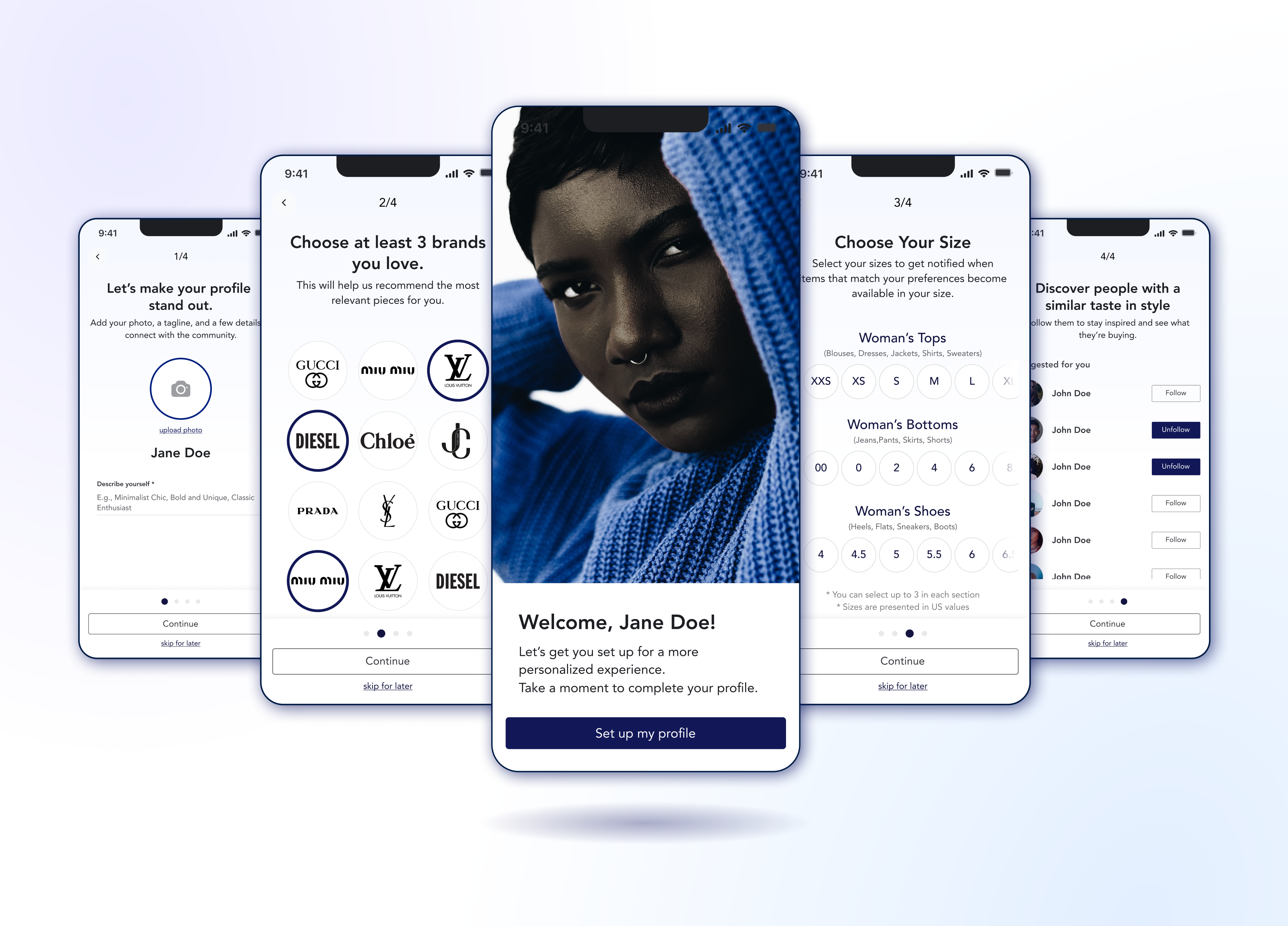 Fashion App — Onboarding Flow account creation android app article cards branding card design clean ui design ecommerce fashion graphic design illustration ios app ios design minimal ui mobile ux onboarding flow social app social commerce social media app ui