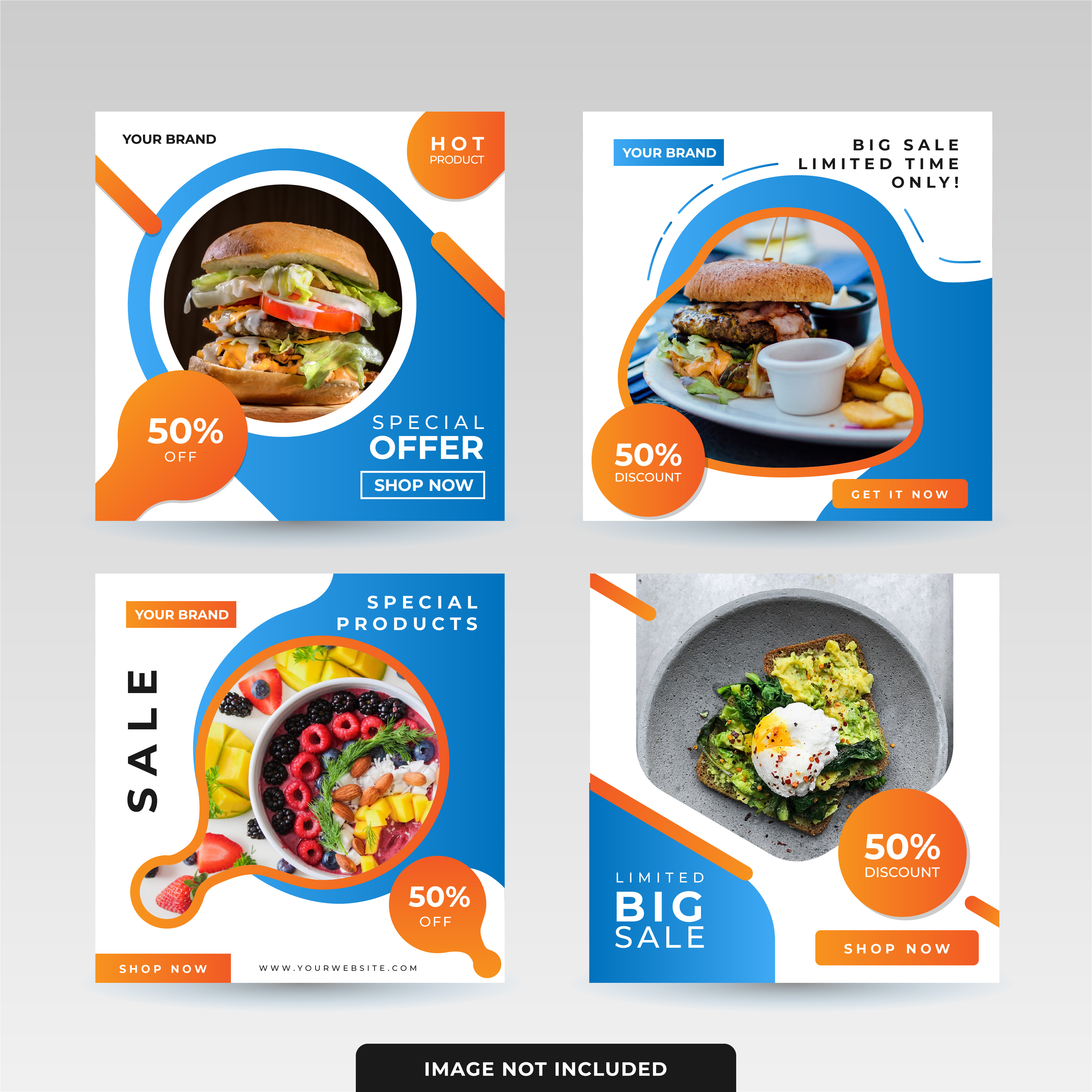 Food Sale Social Media Templates advertising avocado banner big sale bowl breakfast burger colorful fast food fruit gourmet instagram layout lunch marketing menu orange promotion design social media square