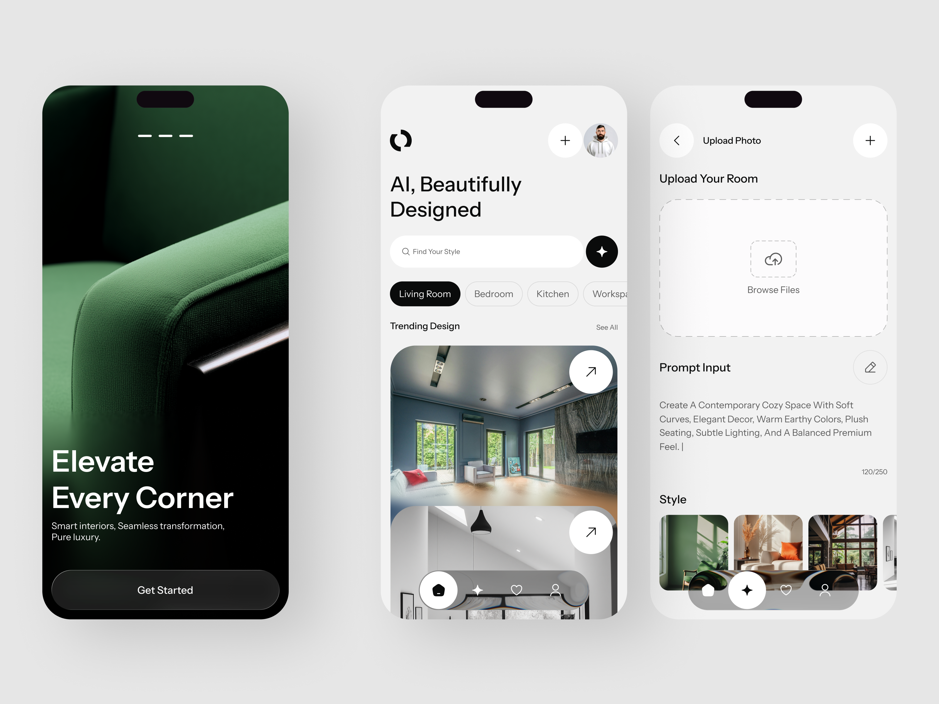 AI Interior Design App | Room Transformation UI ai design tool ai interior design ai room design app design creative tools design inspiration home design app interior design app mobile app design product design room transformation saa sdesign startup app ui design uiinspiration user experience ux design