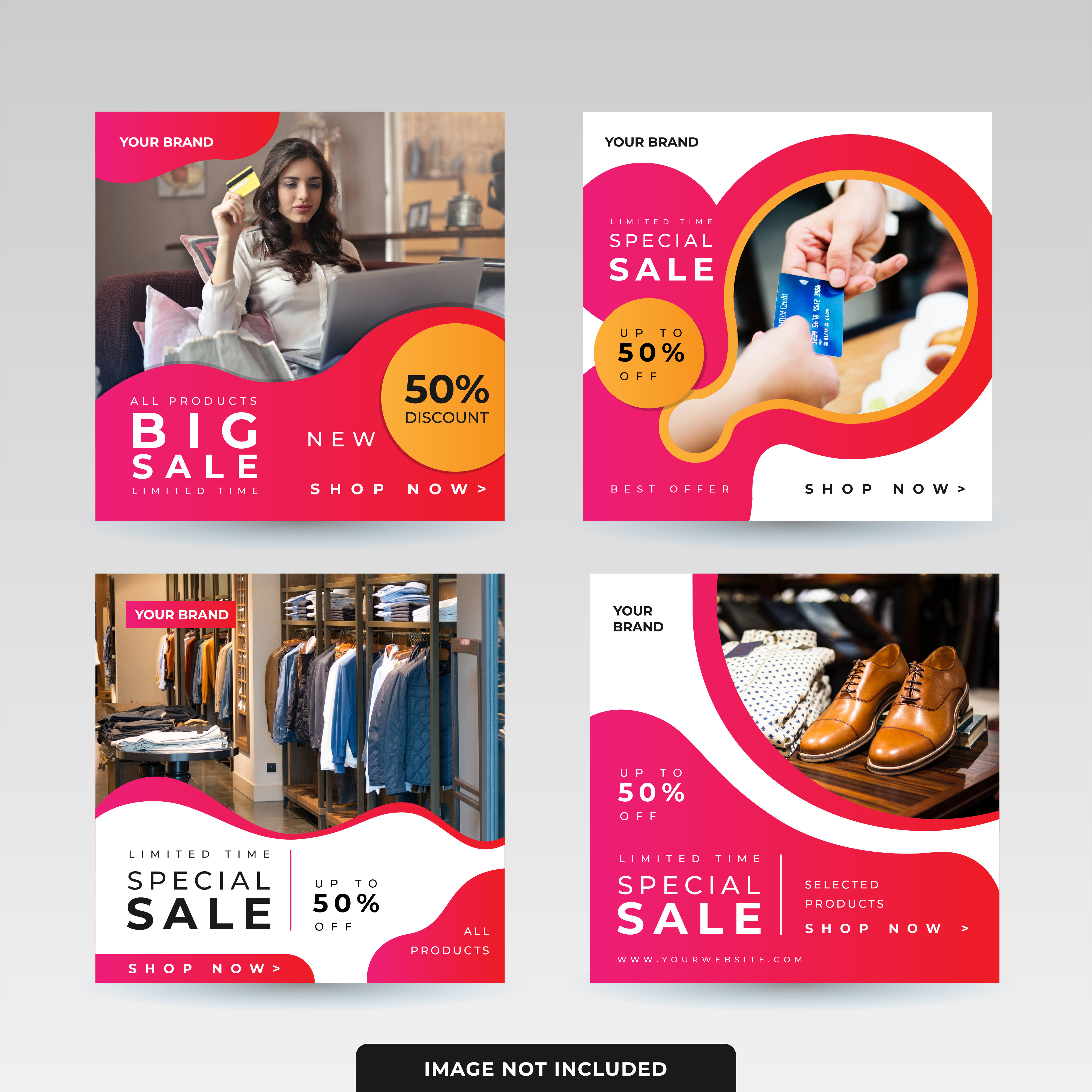 Bright Retail Sale Social Media Templates advertisement banner colorful consumer design ecommerce footwear layout marketing online shopping pink promotion red retail shoes shopping shopping bag social special sale store