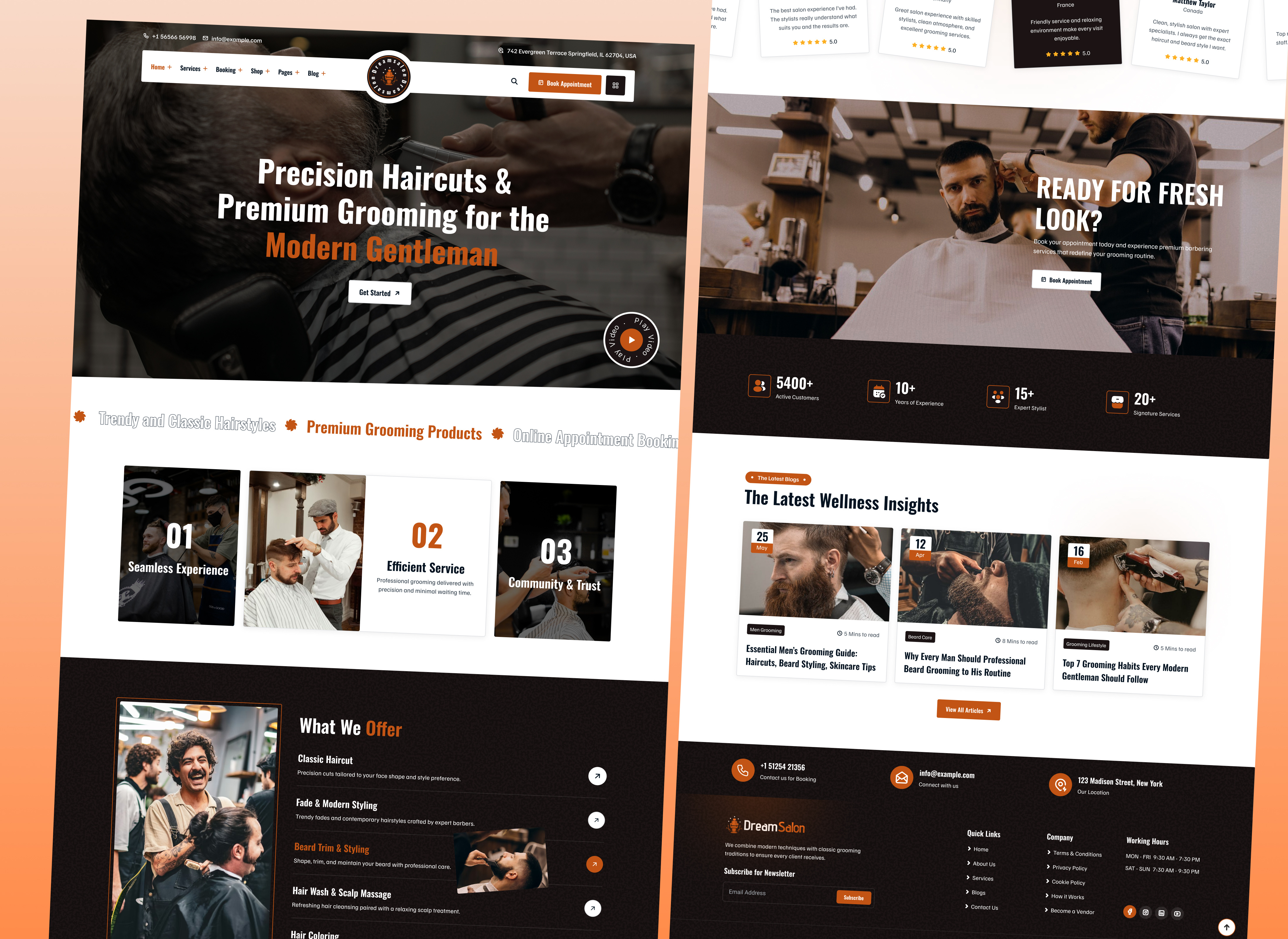Barber Shop Website UI Design with Booking System | Dreamsalon appointment booking barber shop beauty salon booking system clean ui dashboard ui figma design grooming landing page modern ui product design saas ui salon website spa design startup ui ui design ui inspiration ux design web design website design