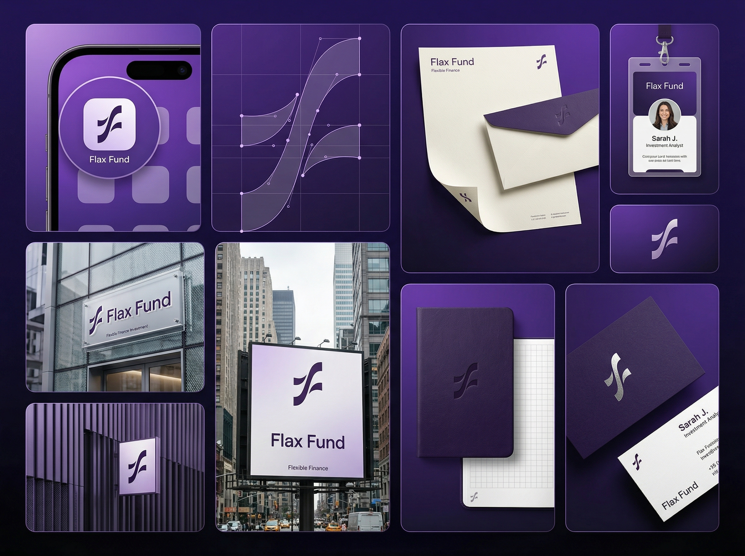 Flax Fund — Flexible Finance | Loans Logo & Visual Identity app icon design bezier logo construction brand identity brand mockups corporate identity finance branding financial services branding fintech brand fintech logo loans logo logo design logo grid logo presentation minimal logo mockup design modern logo purple gradient saas branding startup branding visual identity