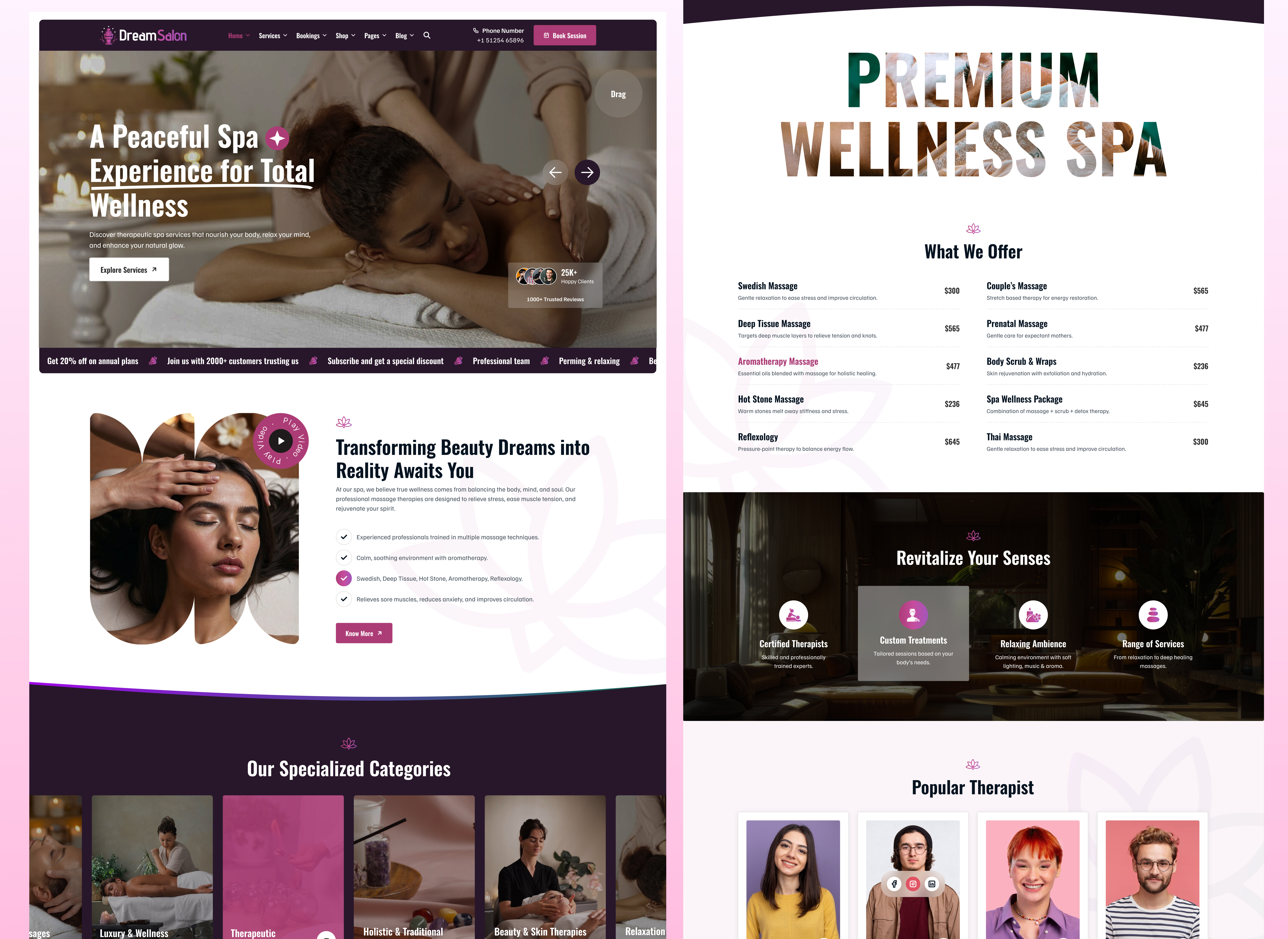 Premium Spa & Wellness Website UI Template | Dreamsalon appointment booking beauty spa booking system clean ui figma design landing page luxury ui modern ui product design saas ui spa template spa website startup ui ui design ui inspiration ux design web design website template wellness design wellness ui