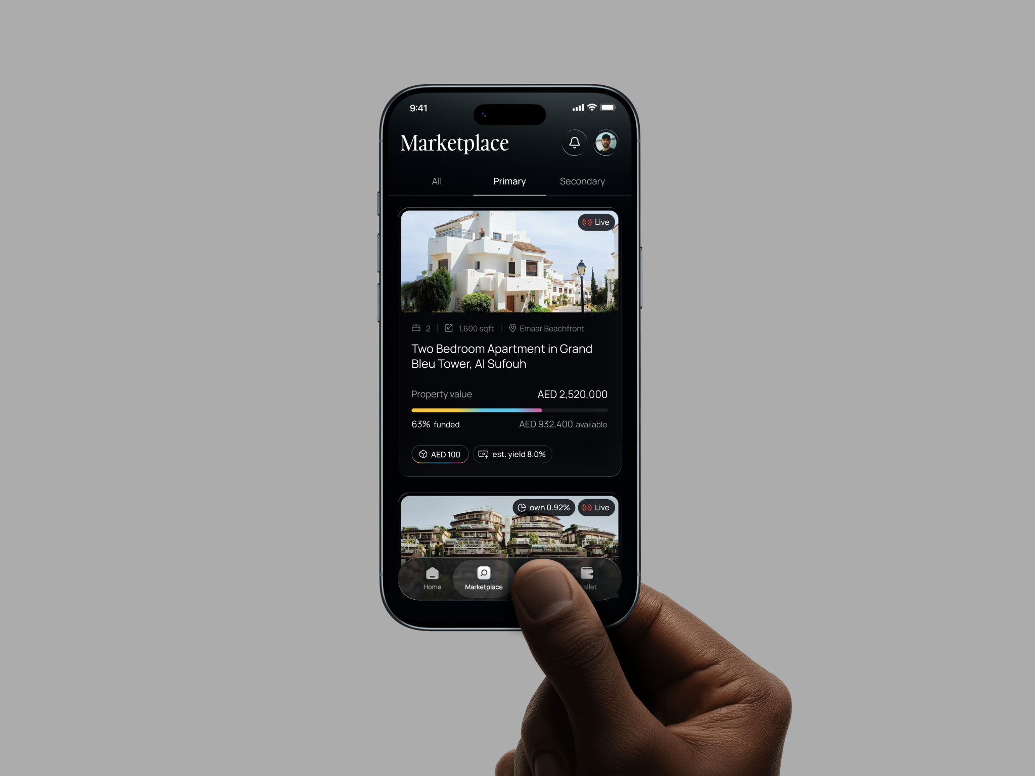 Strada One (1) app app design clean crupto dark dashboard design figma flat investments minimal mobile design modern portfolio product design real estate statistic ui ux wallet