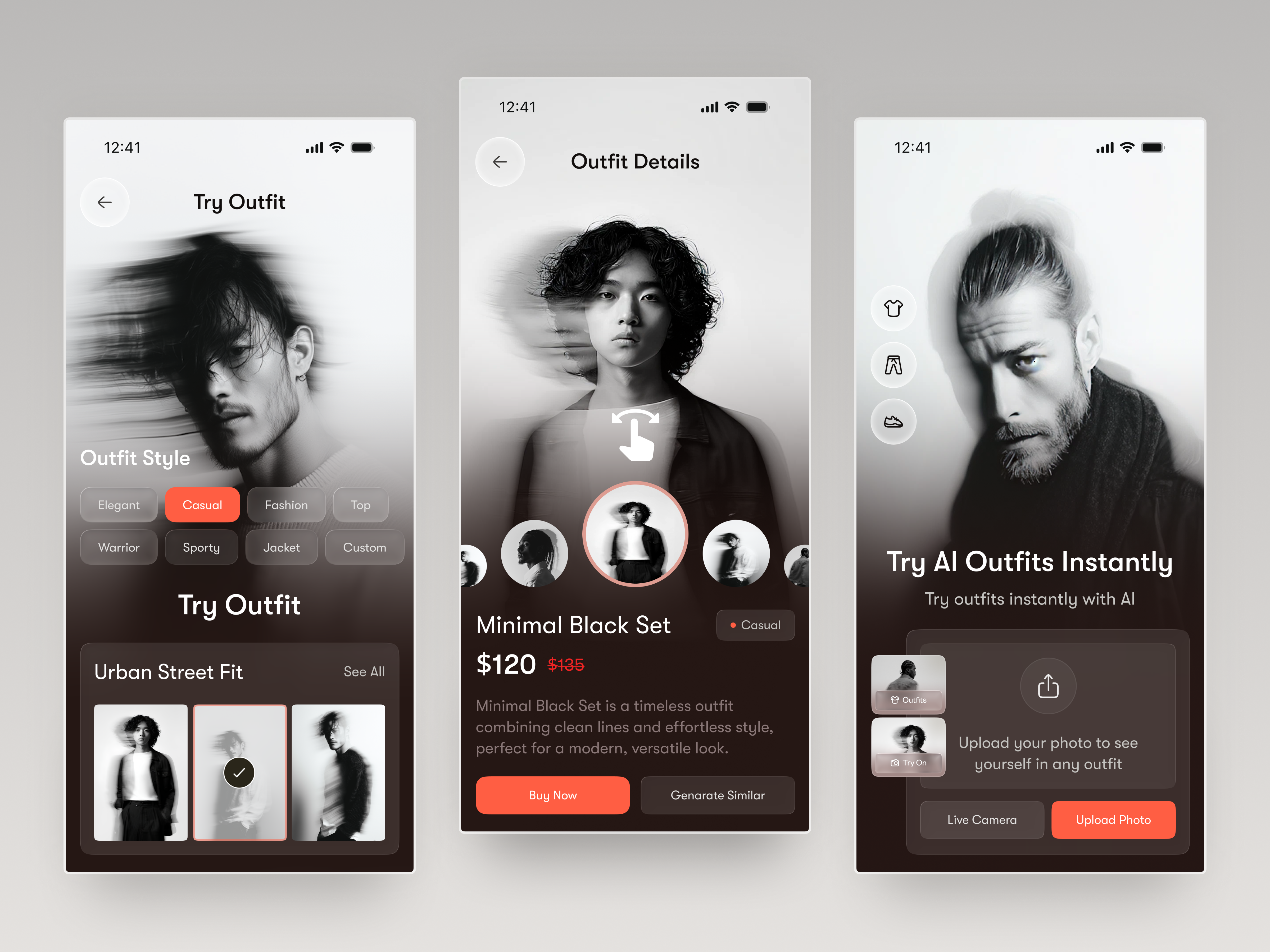 Fashion Styling Mobile App UI - AI Outfit Preview Experience ai ai fashion app design artificial intelligence design digital fashion e commerce fashion tech glassmorphism mobile mobile app mobile app design mobile ui outfit try on product design shopping user interface web
