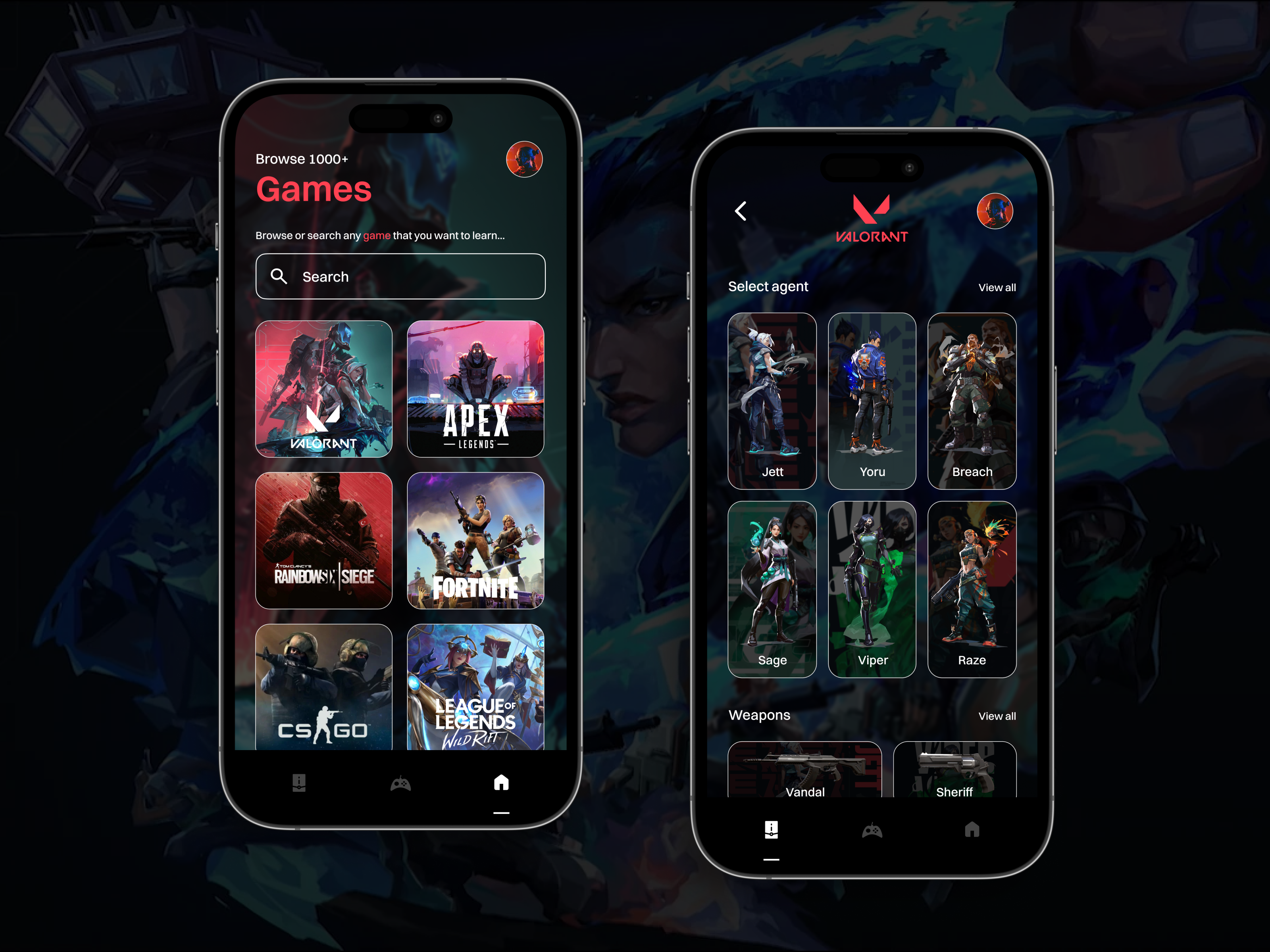 Video Game Learning App adobexd app design figma gameplay guides interface iphone14 mobile design product design tutorial ui ui design uiux user interface ux valorant video game visual design walkthrough