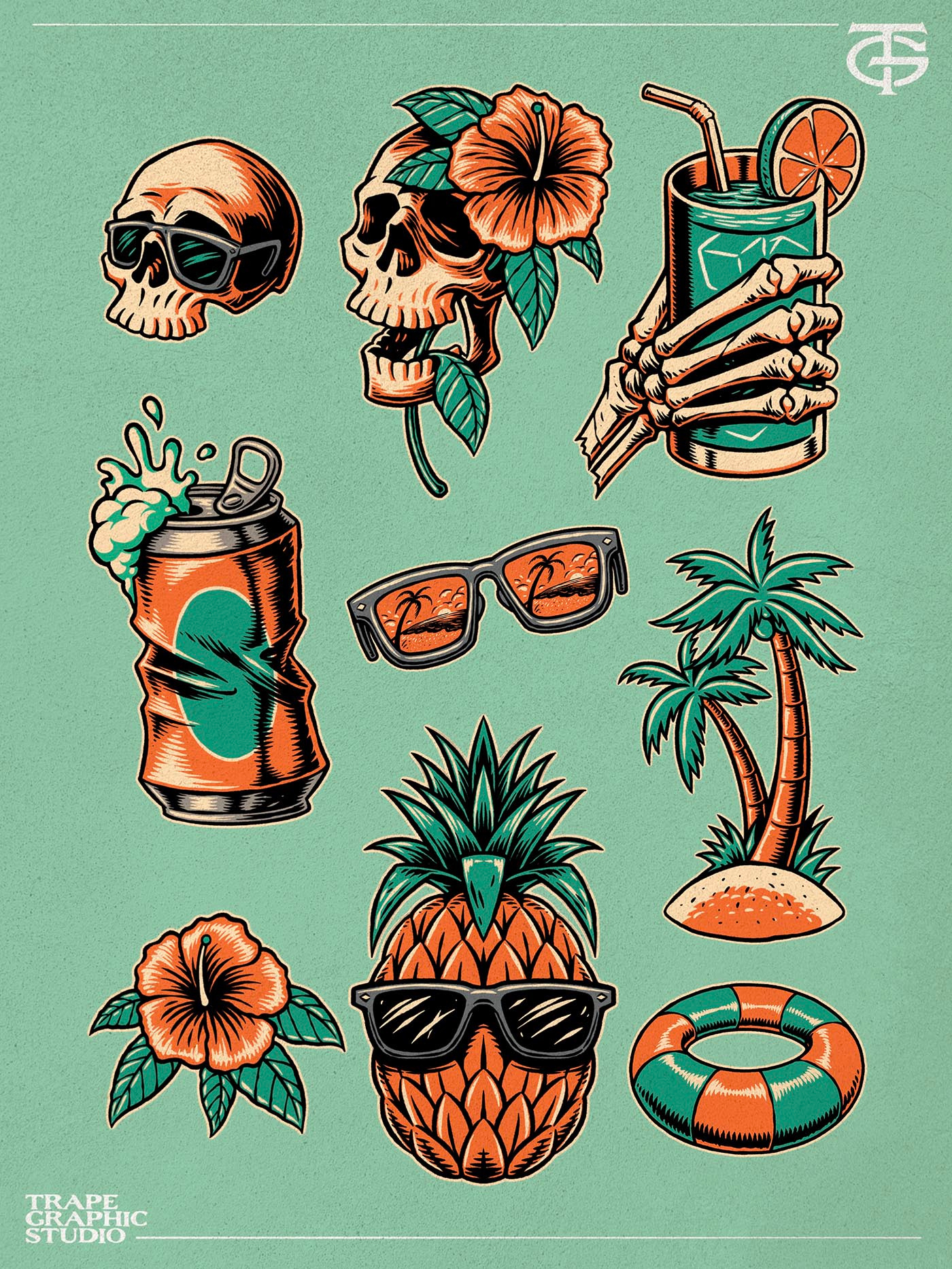 Summer Things apparel artwork beach branding can clothing design cocktail design graphic design hand drawn illustration logo palm tree skull summer summer vibes vector