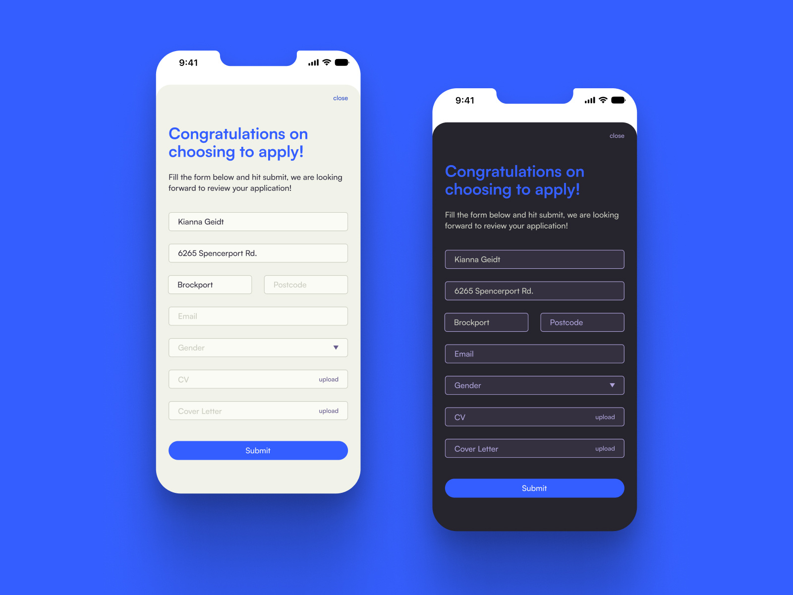 Color explorations for an application form