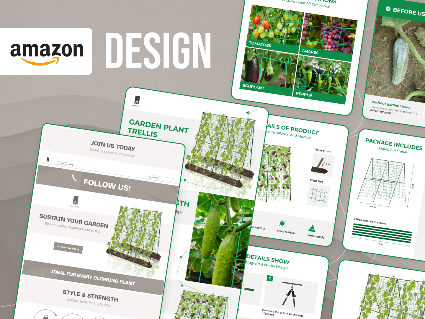Garden Tool Amazon Packaging Suite a plus content amazon fba amazon storefront brand story clear hierarchy eco friendly ecommerce design enhanced brand content garden decor gardening solutions graphic design home and garden infographic design landscape accessories listing design listing optimization product presentation sustainable design ui design visual identity