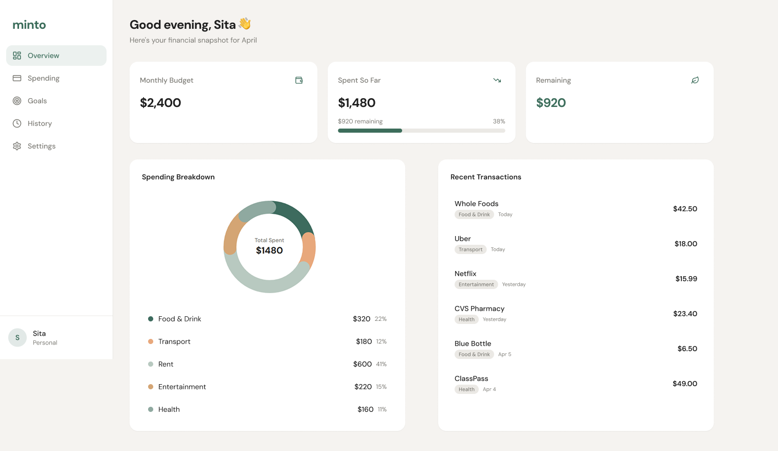 Finance Tracking Dashboard - Simple Clarity Focused UI