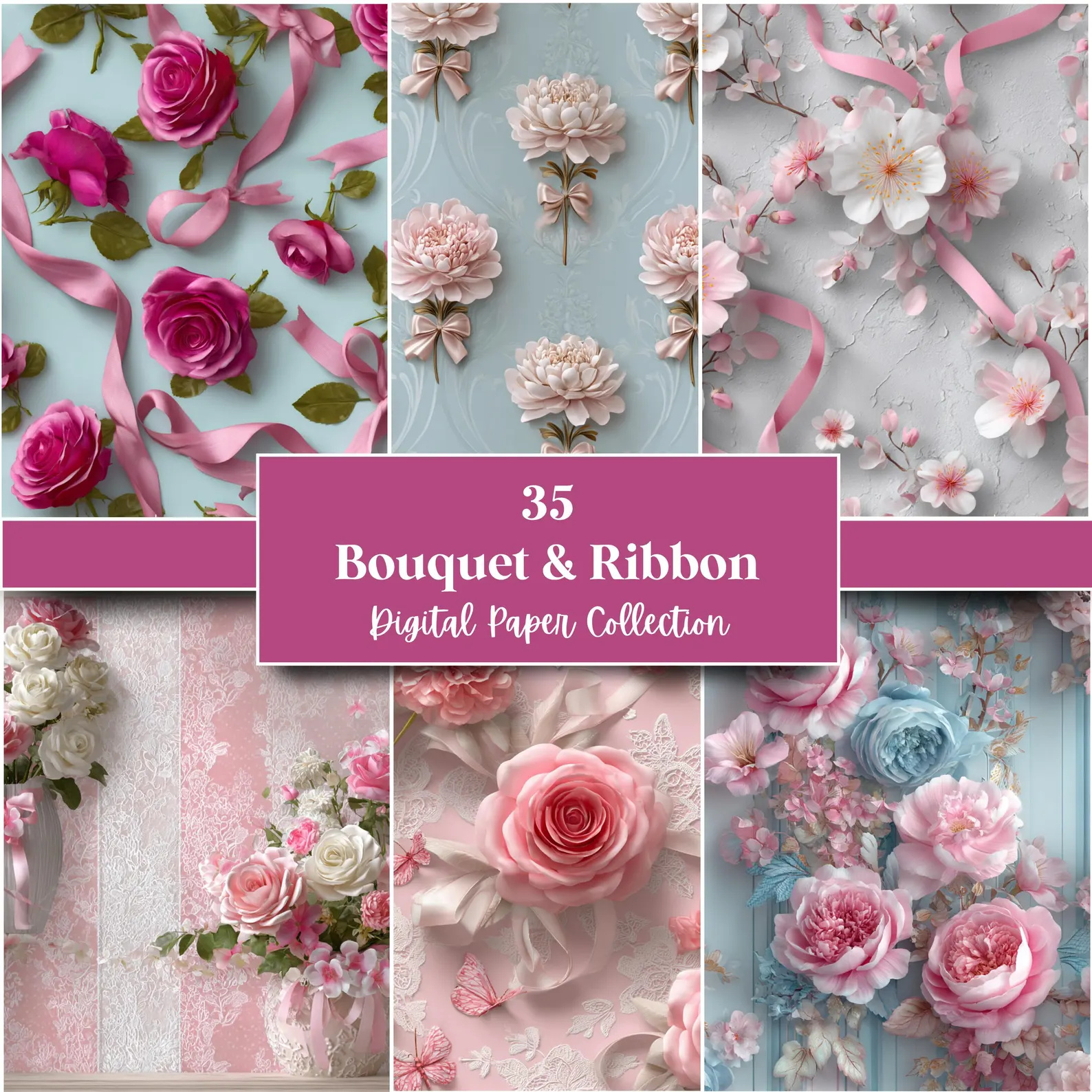 Bouquet & Ribbon Digital Paper