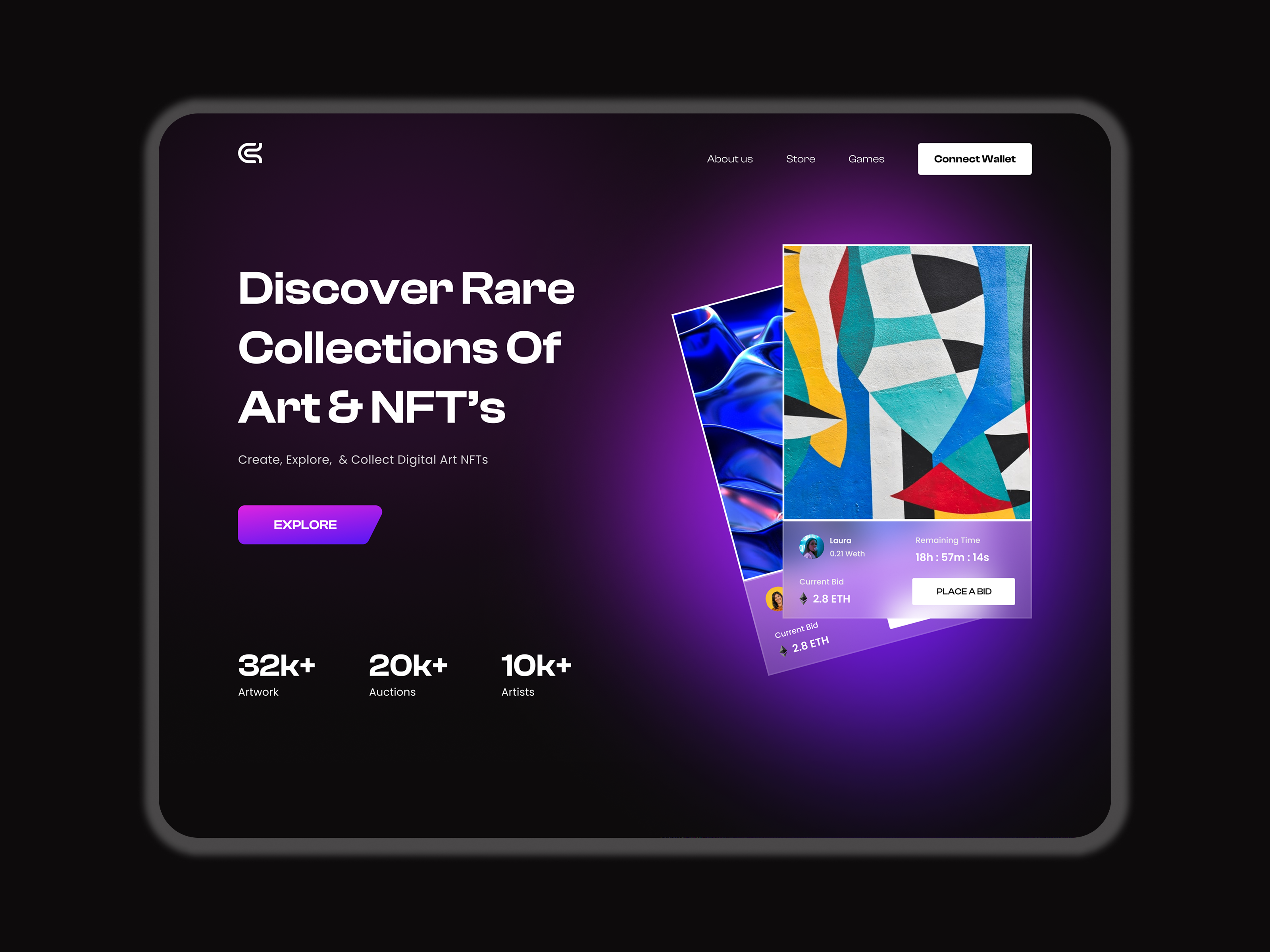 Crypto Collectibles Landing Page UI — Modern NFT Platform Design blockchainui cryptoart cryptodesign cryptowebsite darkmodeui digitalartplatform figmadesign landingpageui modernwebdesign nftcommunity nftdesign nftlandingpage nftmarketplace uidesign uiuxdesign uxdesign web3design web3ui webdesign websiteinspiration
