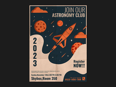 Astronomy Club Poster abstract airplanes astronomy cartoon space design flat design graphic design illustration meteor moon nasa planet poster print rocket shapes sky space style vector