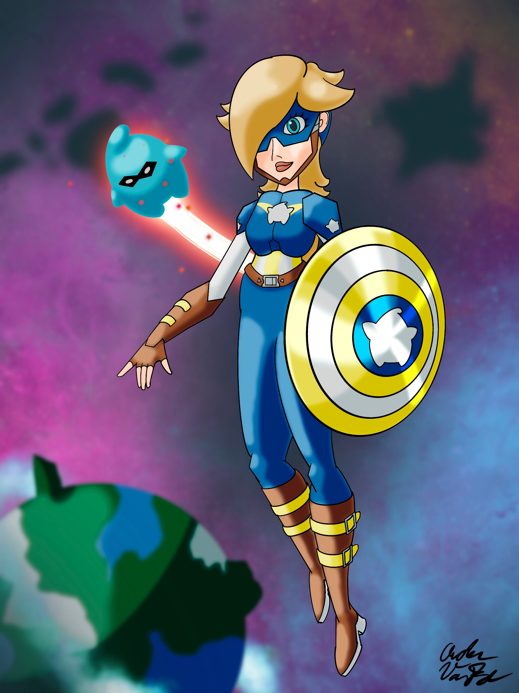 Captain Celestial and the Winter Luma captain america character design comic crossover digital art fanart fusion illustration mario mario galaxy marvel pop culture procreate rosalina superheroes