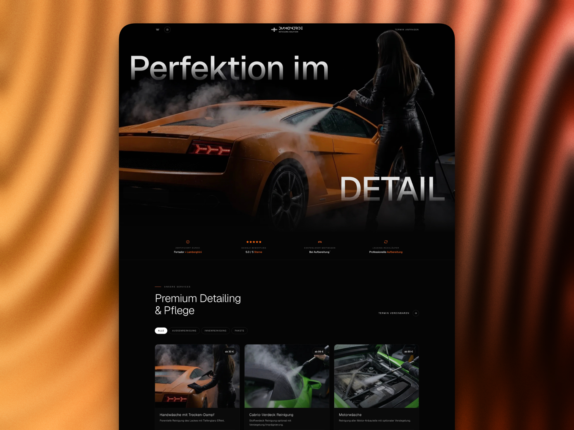 German Car Detailing Landing Page automotive branding car cleaner webdesign car cleaning service car cleaning website car detailing car service website dark theme design fahrzeugaufbereitung logo design luxury car detailing next.js service section ui webdesign