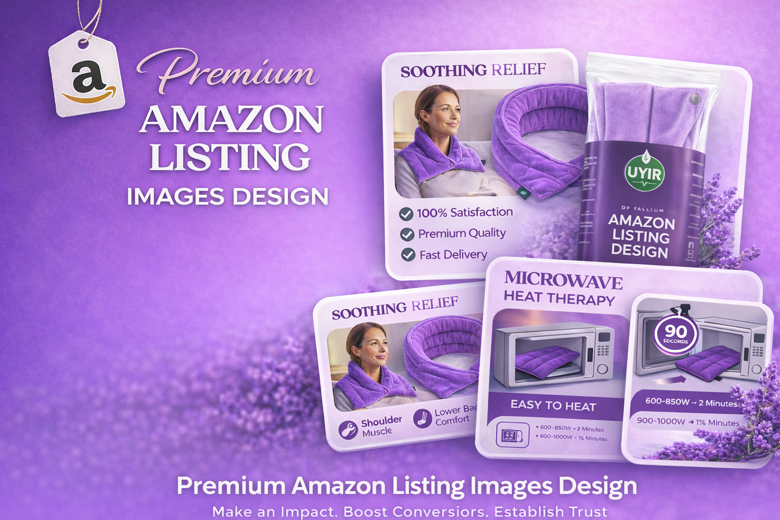 Amazon Product Listing Images Design | Lavender Heat Pad amazon a content amazon graphics amazon listing design amazon product images amazon seller design dribbble portfolio ecommerce banner ecommerce design heat pad design infographic design packaging design product advertisement product infographic product listing images product mockup