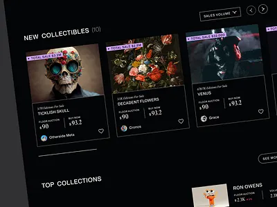 NFT marketplace - landing page details art blockchain brutalism card cta gallery hero image home page items landing page likes listing marketplace modern art platform price sale tokens trade web design