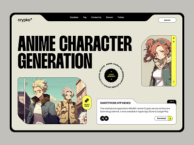 Anime character generation platform anime blockchain character crypto cryptocurrency design interface landing page ui uidesign web design web3 website