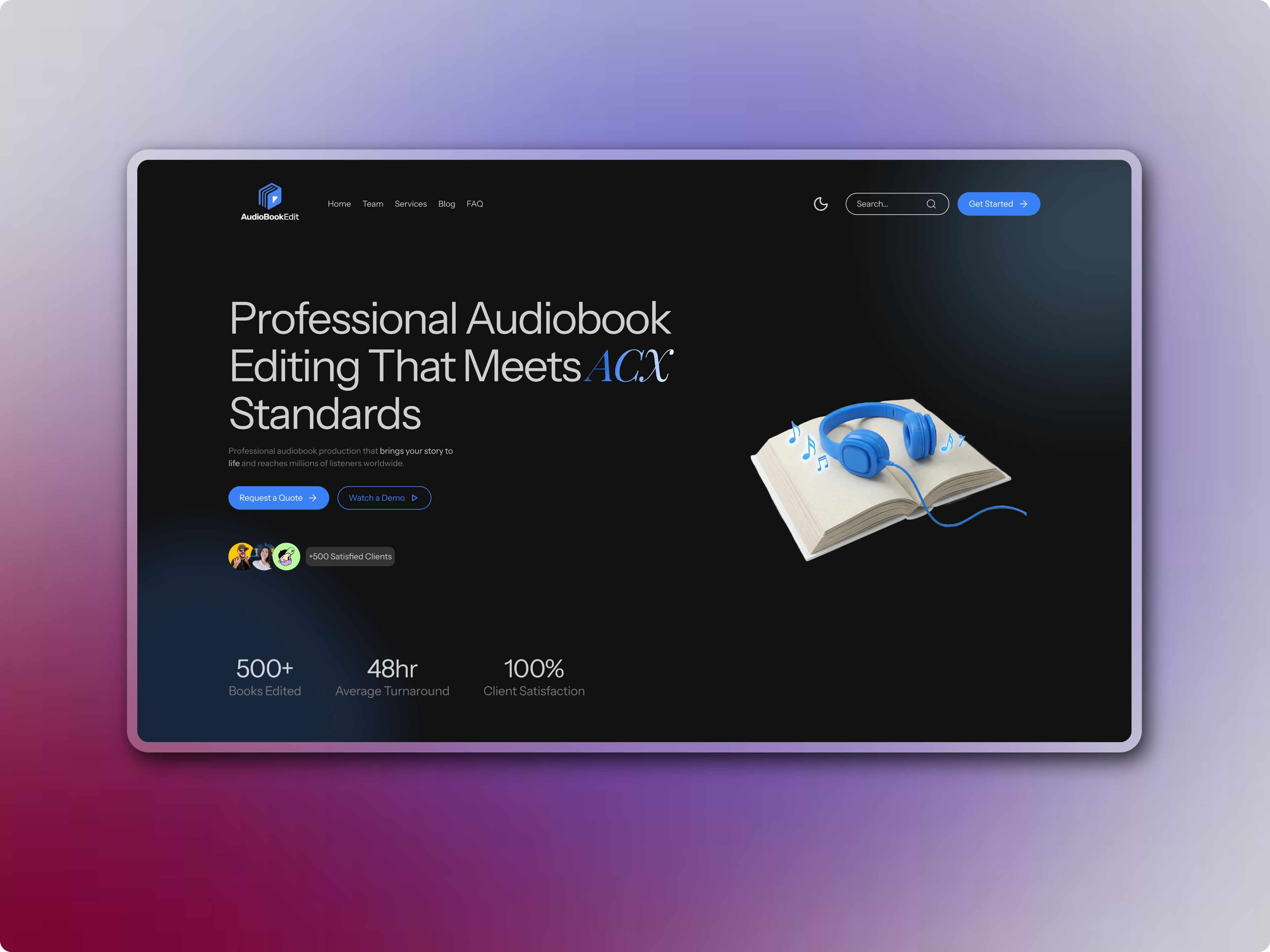 AudiobookEdit - Audiobook Agency Landing Page Redesign aesthetic agency black blue branding dark graphic design hero landing page light logo minimal modern redesign ui ui design