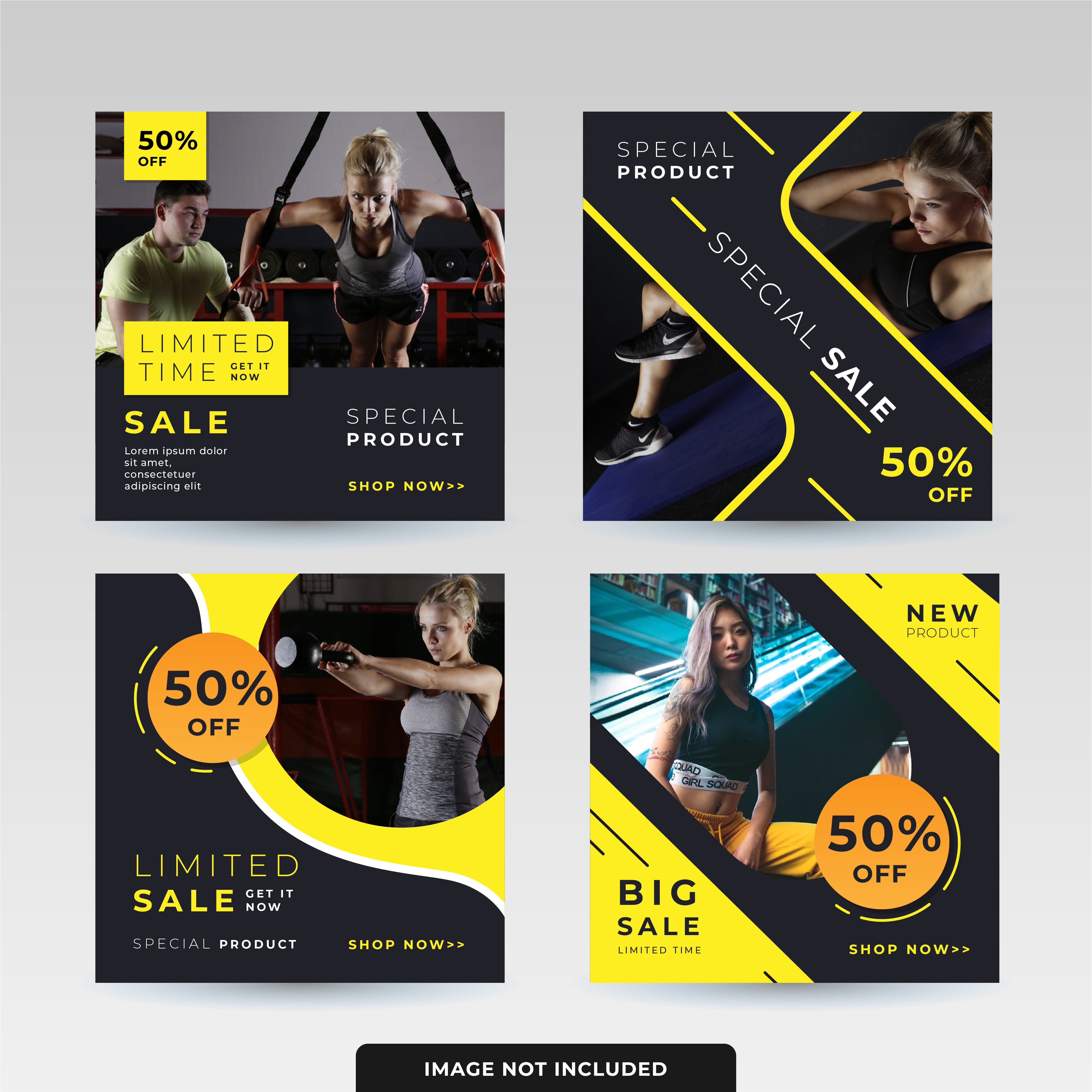 Fitness Sale Social Media Banner Set advertising big sale cardio core discount dumbbell gym limited time marketing modern design promotion sale shop now strength studio template training woman workout yellow