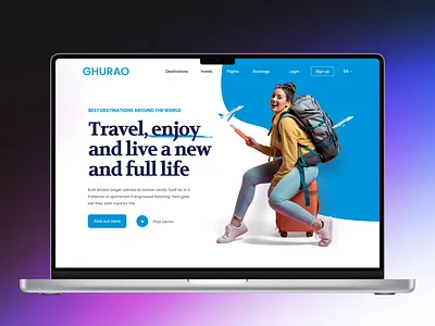 Travel, enjoy and live a new and full life with Ghurao. ✈️🌍 adventure booking app clean design figma ghurao landing page modern ui motion graphics portfolio responsive travel agency travel website ui uiux user experience user interface web design
