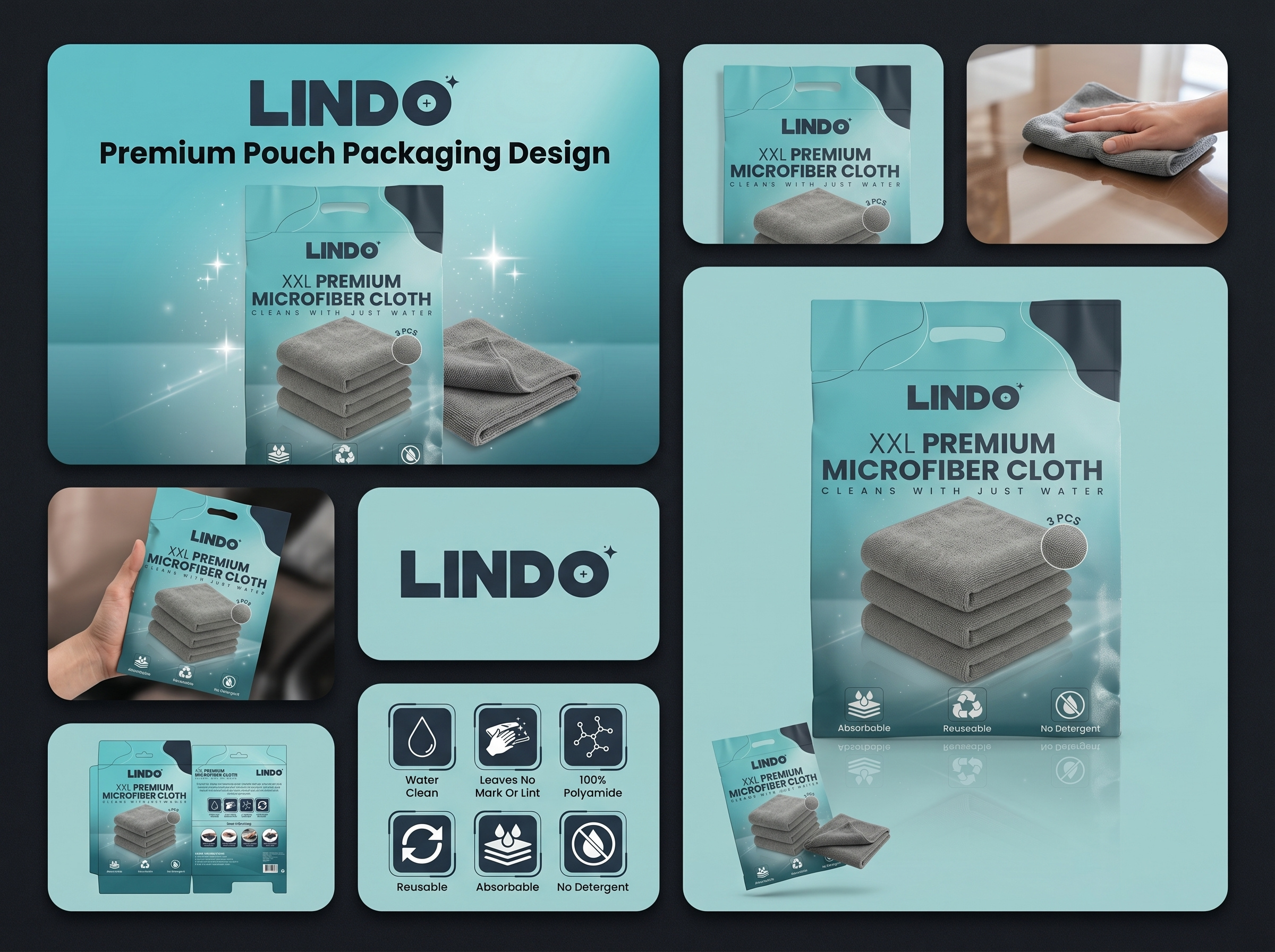 Packaging Design for Microfiber Cloth | Pouch Packaging Design advertising design amazon listing brand identity ecommerce design label design mockup design pouch packaging product branding product packaging