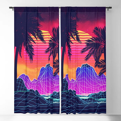 Neon glowing grid rocks and palm trees, futuristic landscape 80s 90s curtains design gift ideas graphic design home decor illustration neon outrun palm trees society6 vaporwave